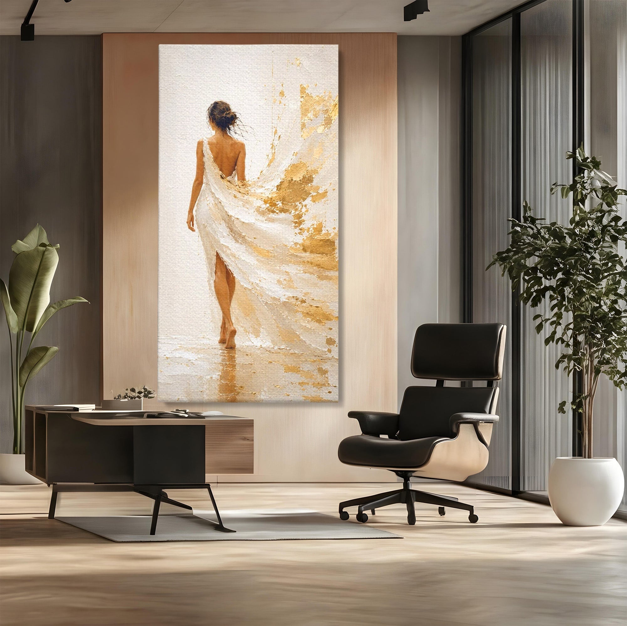 Tablou Canvas Premium LuxCanva® PI1346, Femeie In Rochie Aurie, Silueta, Eleganta, Arta, Auriu, Culori Vibrante, Living, Dormitor