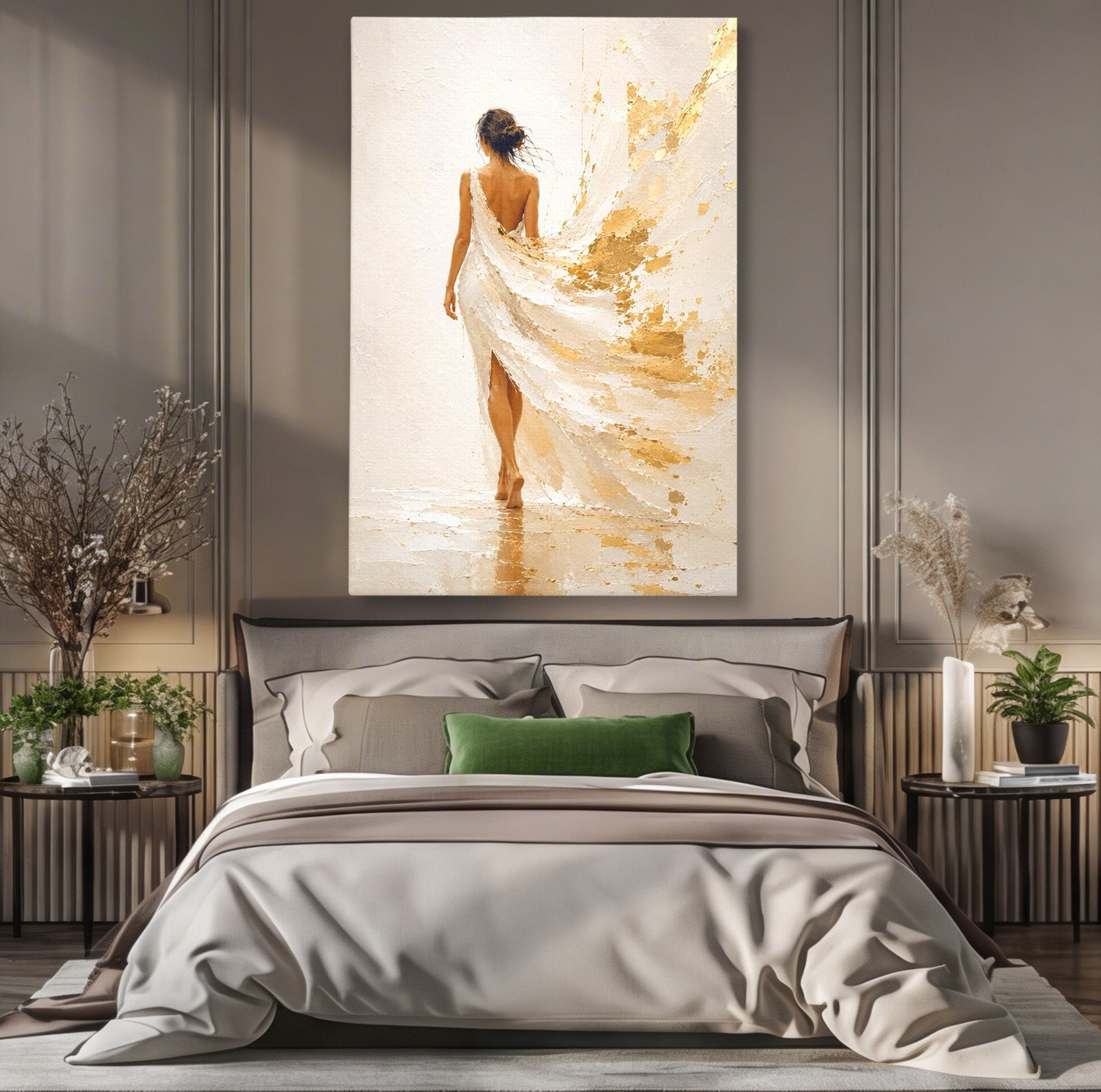 Tablou Canvas Premium LuxCanva® PI1346, Femeie In Rochie Aurie, Silueta, Eleganta, Arta, Auriu, Culori Vibrante, Living, Dormitor