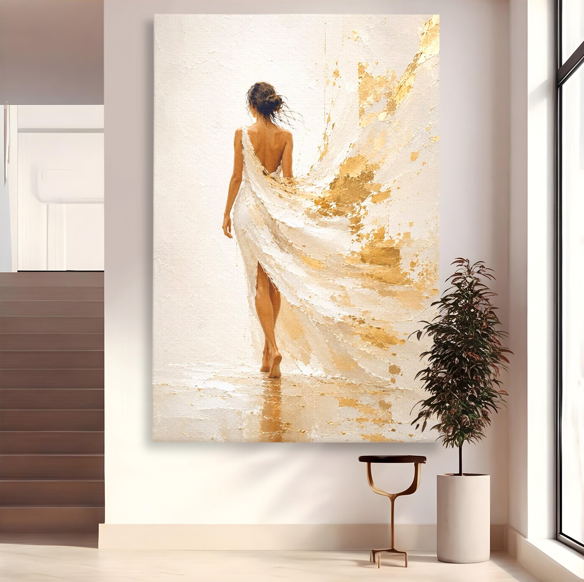 Tablou Canvas Premium LuxCanva® PI1346, Femeie In Rochie Aurie, Silueta, Eleganta, Arta, Auriu, Culori Vibrante, Living, Dormitor