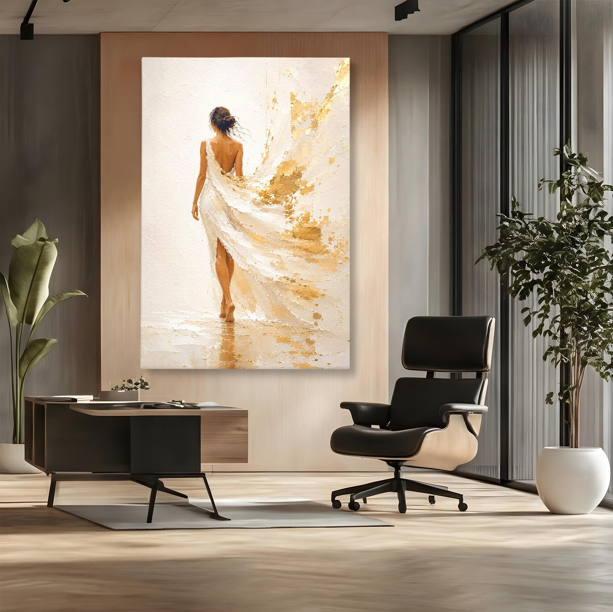 Tablou Canvas Premium LuxCanva® PI1346, Femeie In Rochie Aurie, Silueta, Eleganta, Arta, Auriu, Culori Vibrante, Living, Dormitor