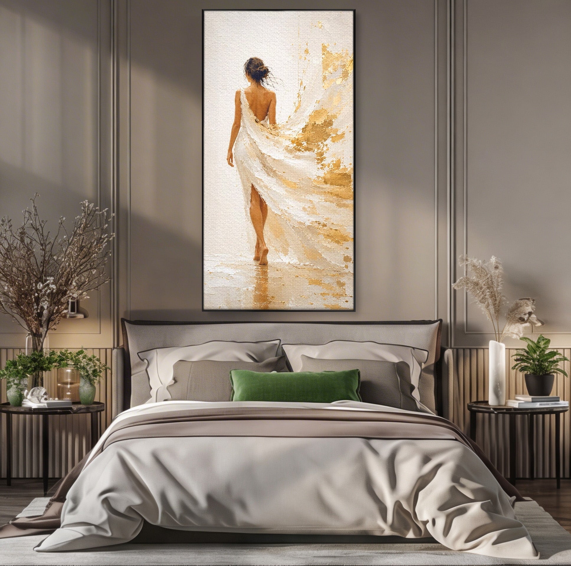Tablou Canvas Premium LuxCanva® PI1346, Femeie In Rochie Aurie, Silueta, Eleganta, Arta, Auriu, Culori Vibrante, Living, Dormitor