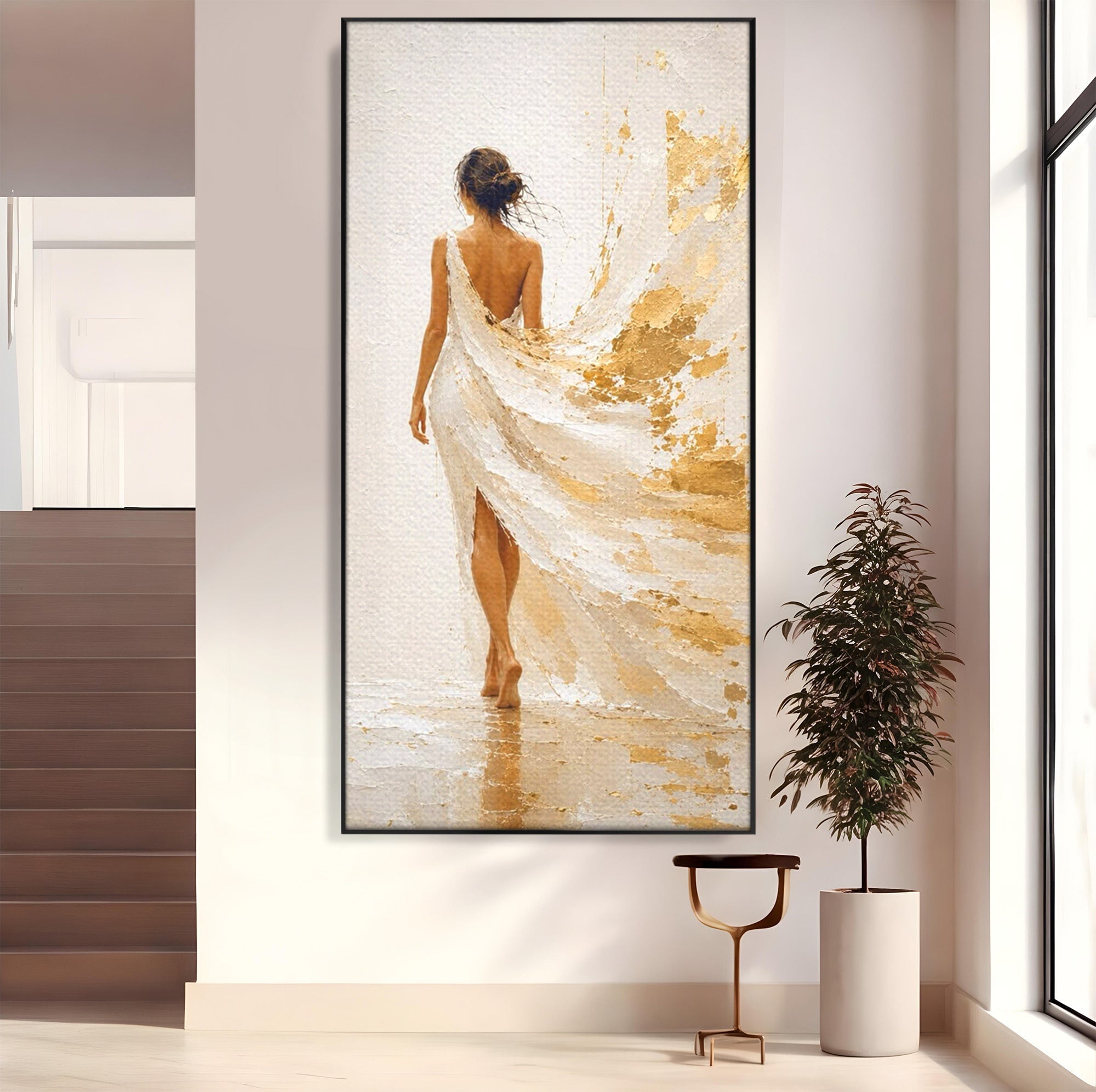 Tablou Canvas Premium LuxCanva® PI1346, Femeie In Rochie Aurie, Silueta, Eleganta, Arta, Auriu, Culori Vibrante, Living, Dormitor