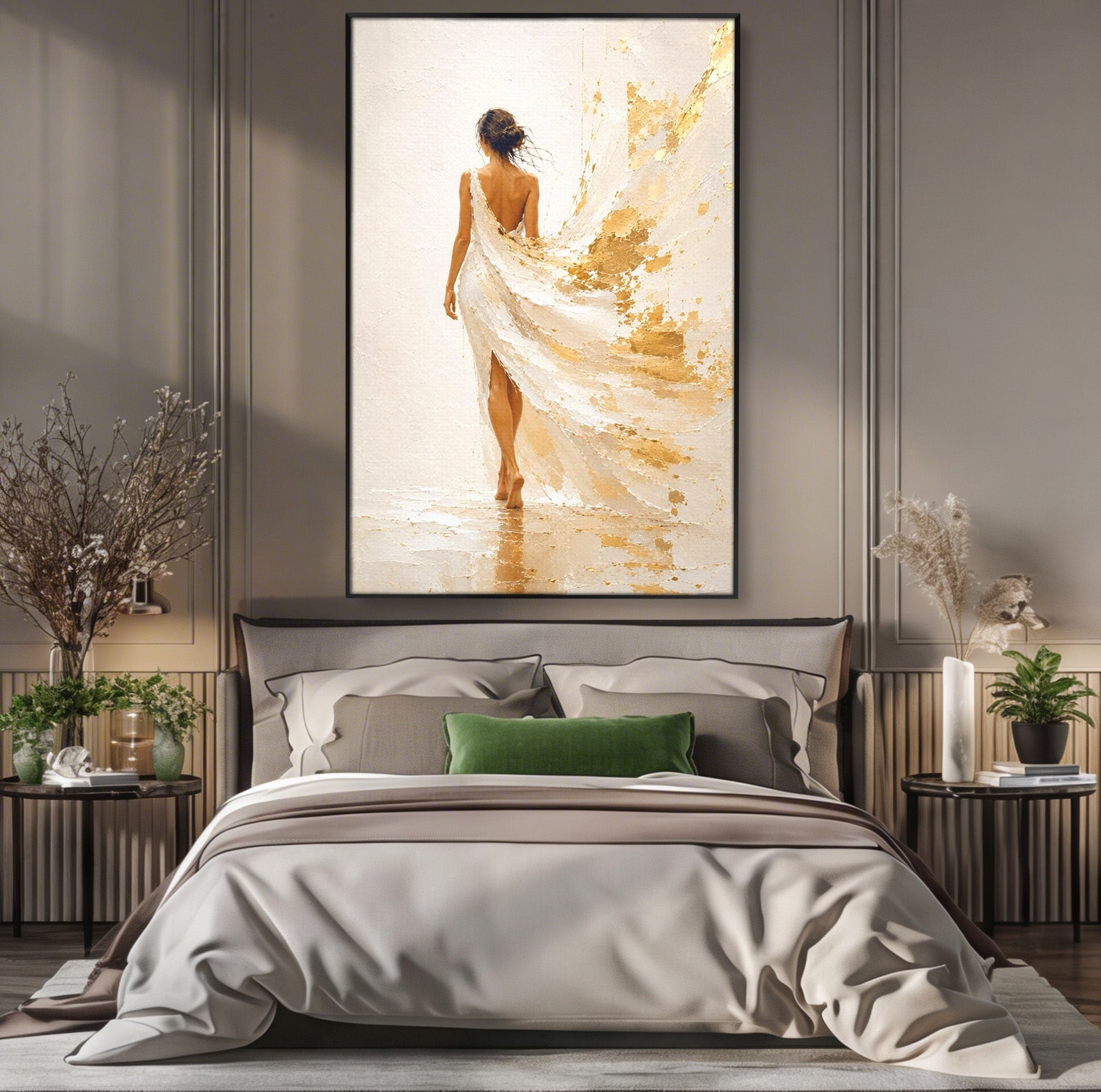 Tablou Canvas Premium LuxCanva® PI1346, Femeie In Rochie Aurie, Silueta, Eleganta, Arta, Auriu, Culori Vibrante, Living, Dormitor