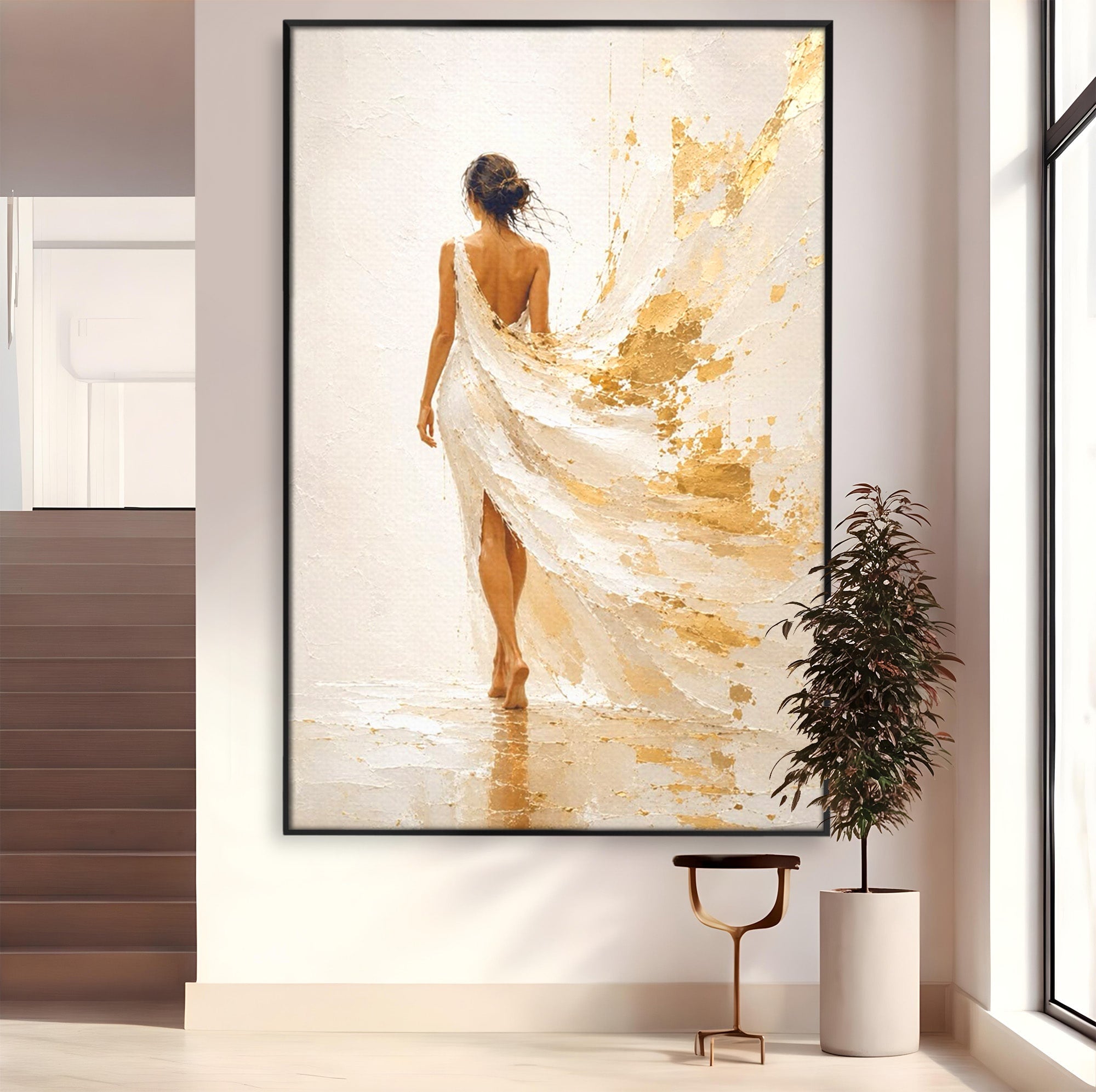 Tablou Canvas Premium LuxCanva® PI1346, Femeie In Rochie Aurie, Silueta, Eleganta, Arta, Auriu, Culori Vibrante, Living, Dormitor