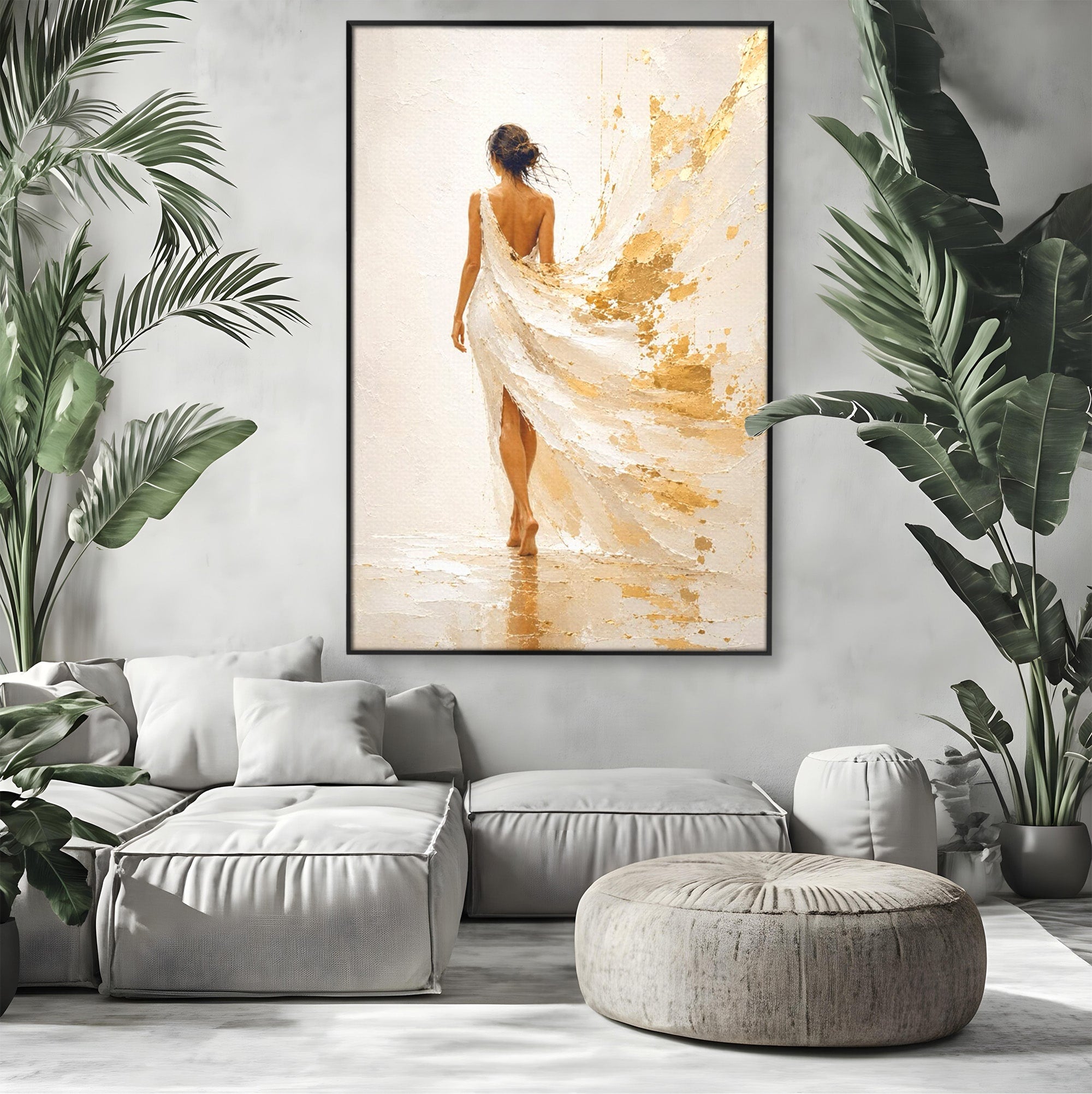 Tablou Canvas Premium LuxCanva® PI1346, Femeie In Rochie Aurie, Silueta, Eleganta, Arta, Auriu, Culori Vibrante, Living, Dormitor
