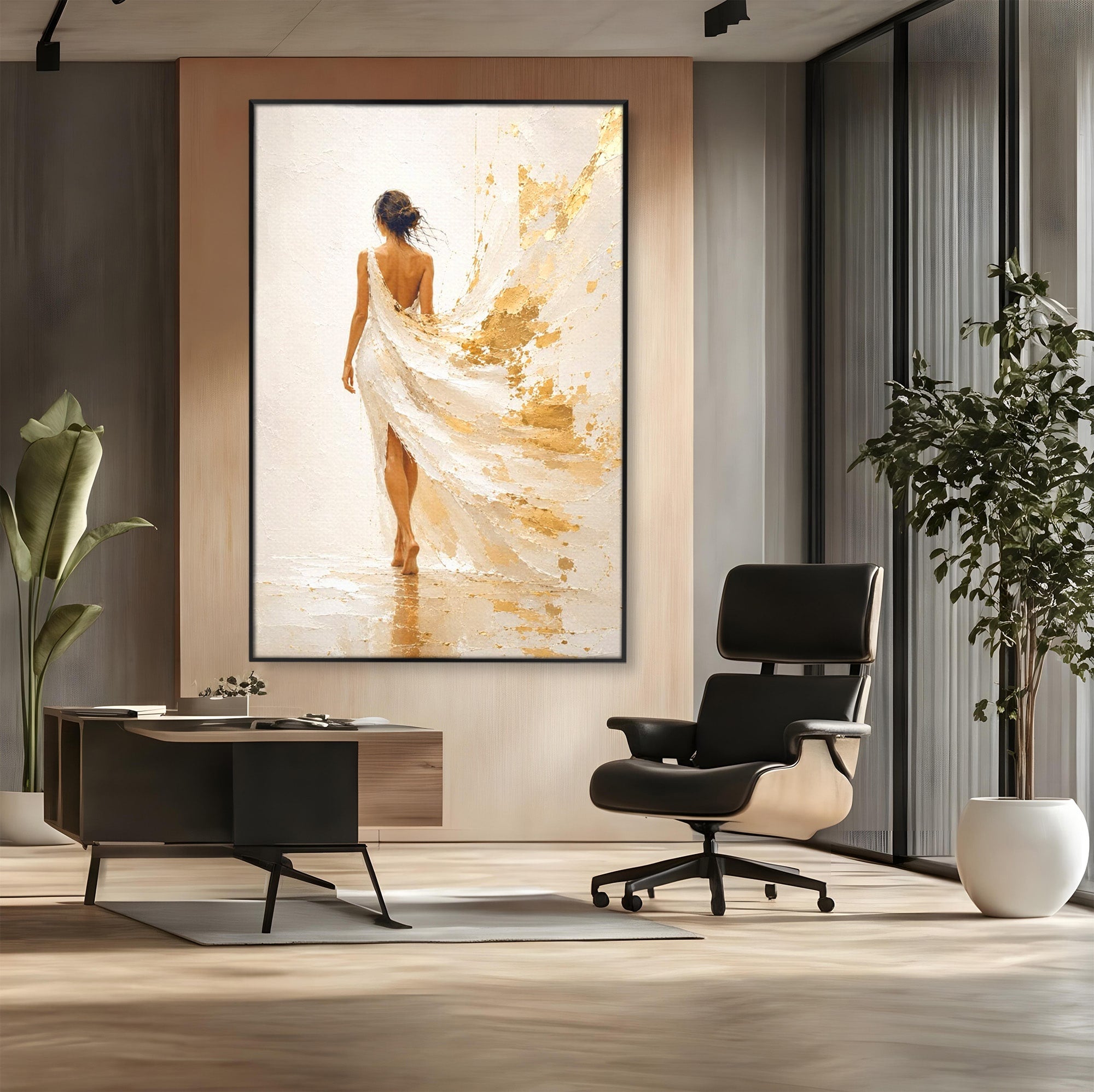Tablou Canvas Premium LuxCanva® PI1346, Femeie In Rochie Aurie, Silueta, Eleganta, Arta, Auriu, Culori Vibrante, Living, Dormitor