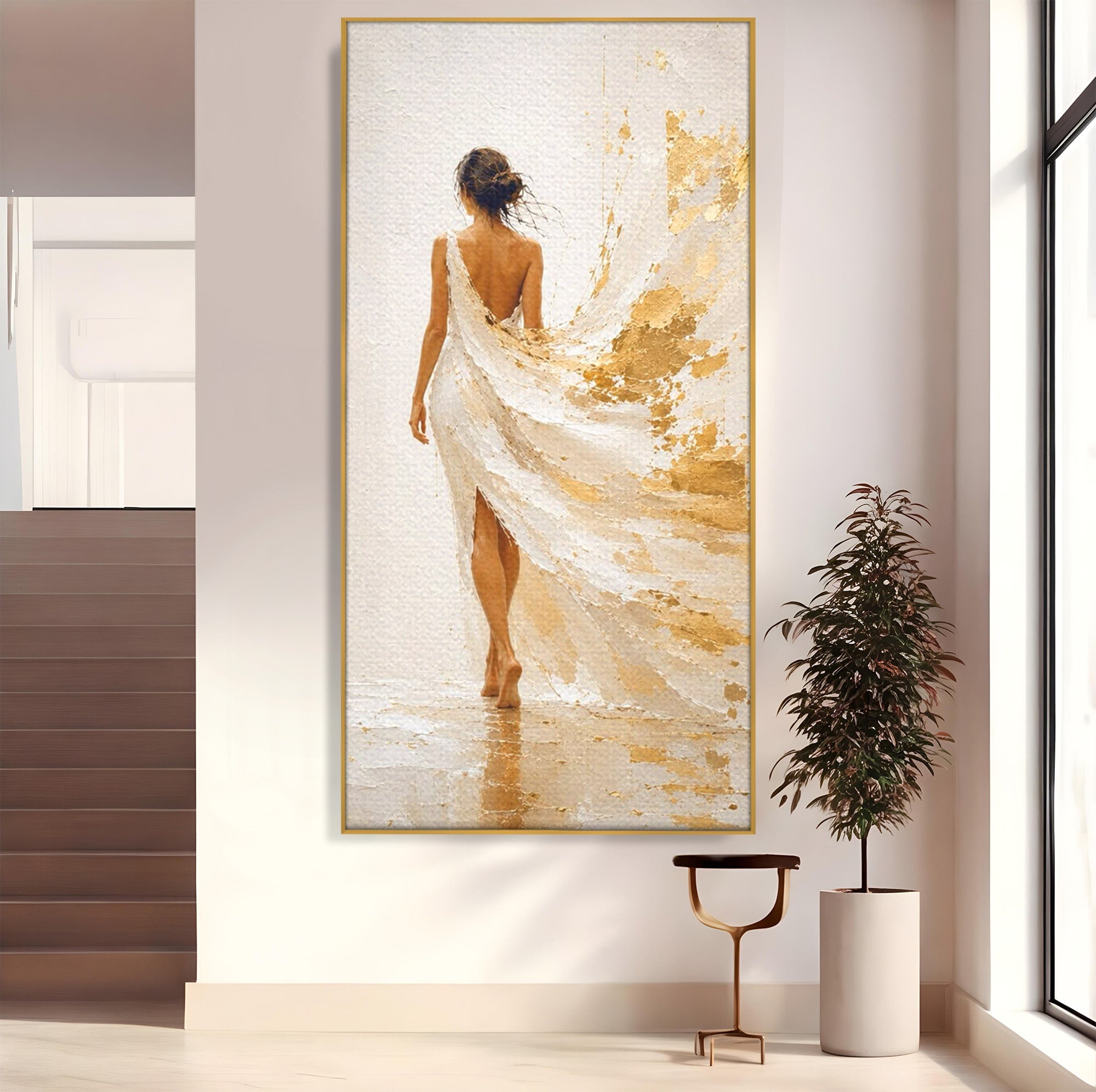 Tablou Canvas Premium LuxCanva® PI1346, Femeie In Rochie Aurie, Silueta, Eleganta, Arta, Auriu, Culori Vibrante, Living, Dormitor