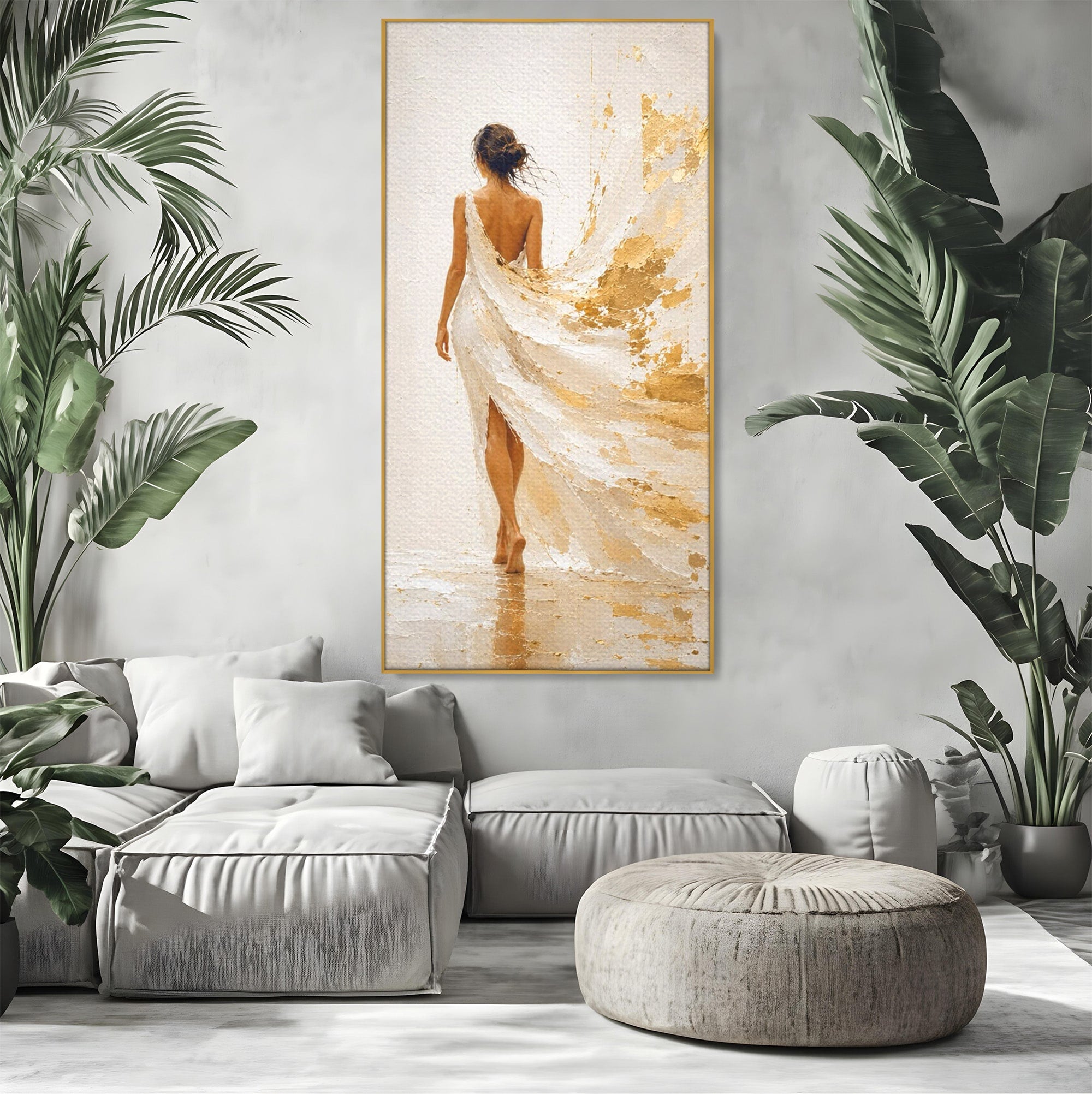 Tablou Canvas Premium LuxCanva® PI1346, Femeie In Rochie Aurie, Silueta, Eleganta, Arta, Auriu, Culori Vibrante, Living, Dormitor