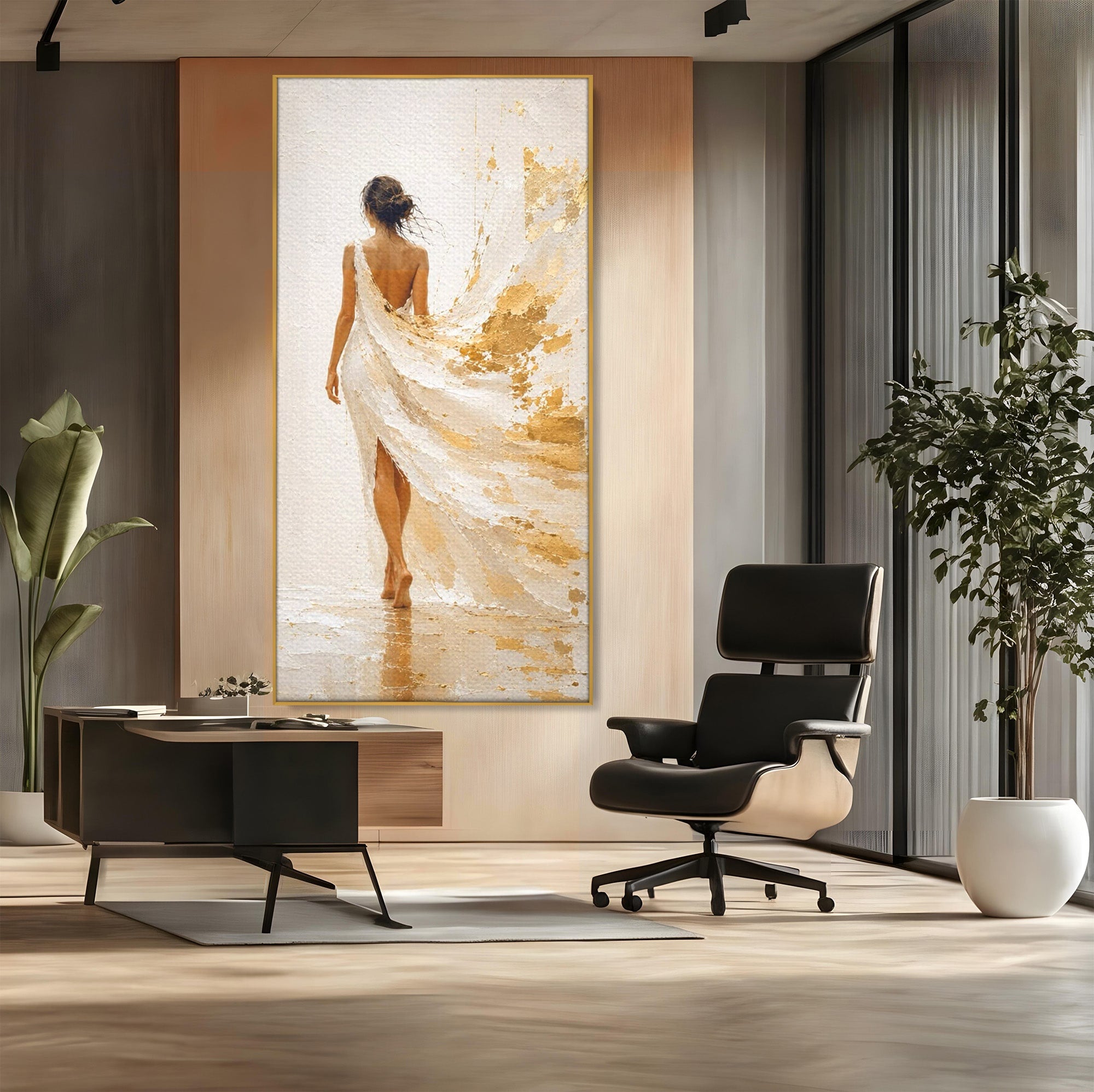 Tablou Canvas Premium LuxCanva® PI1346, Femeie In Rochie Aurie, Silueta, Eleganta, Arta, Auriu, Culori Vibrante, Living, Dormitor