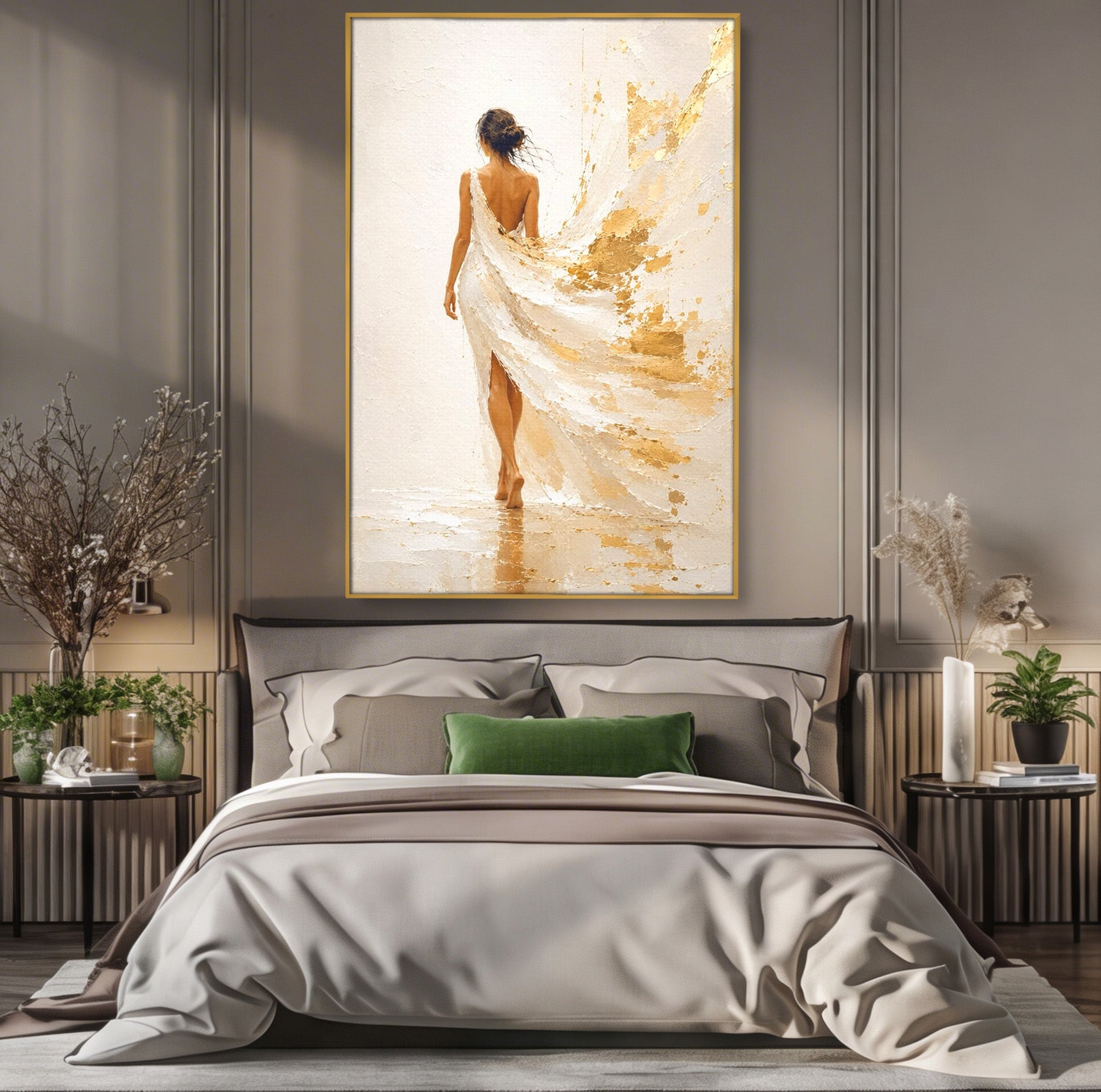 Tablou Canvas Premium LuxCanva® PI1346, Femeie In Rochie Aurie, Silueta, Eleganta, Arta, Auriu, Culori Vibrante, Living, Dormitor