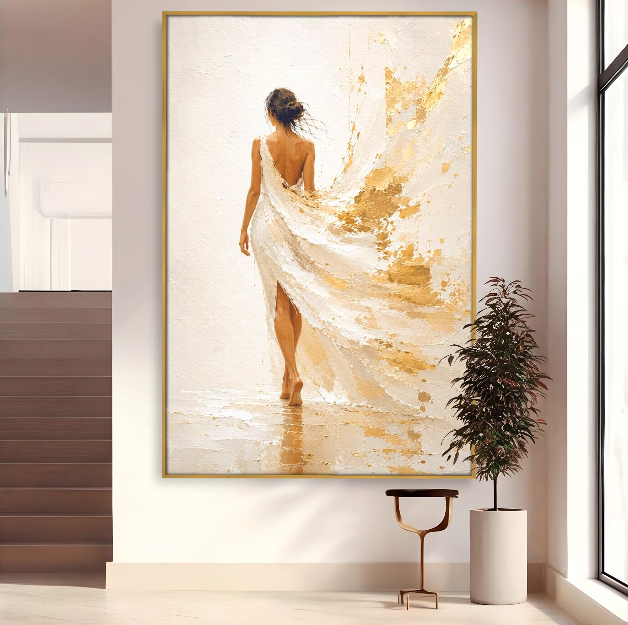 Tablou Canvas Premium LuxCanva® PI1346, Femeie In Rochie Aurie, Silueta, Eleganta, Arta, Auriu, Culori Vibrante, Living, Dormitor