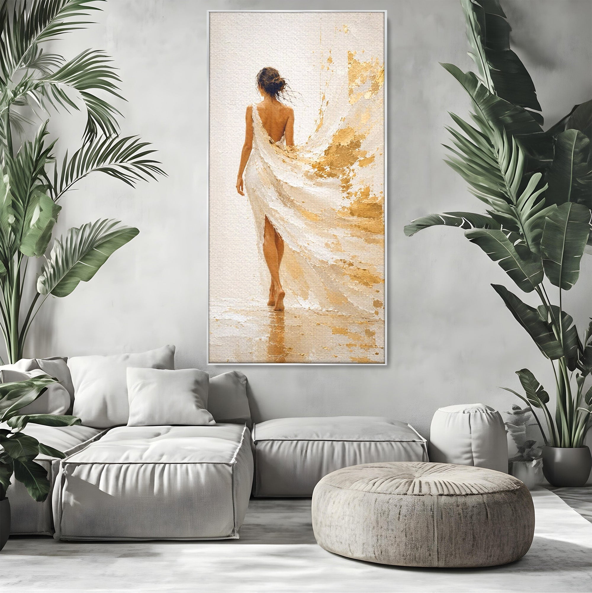 Tablou Canvas Premium LuxCanva® PI1346, Femeie In Rochie Aurie, Silueta, Eleganta, Arta, Auriu, Culori Vibrante, Living, Dormitor