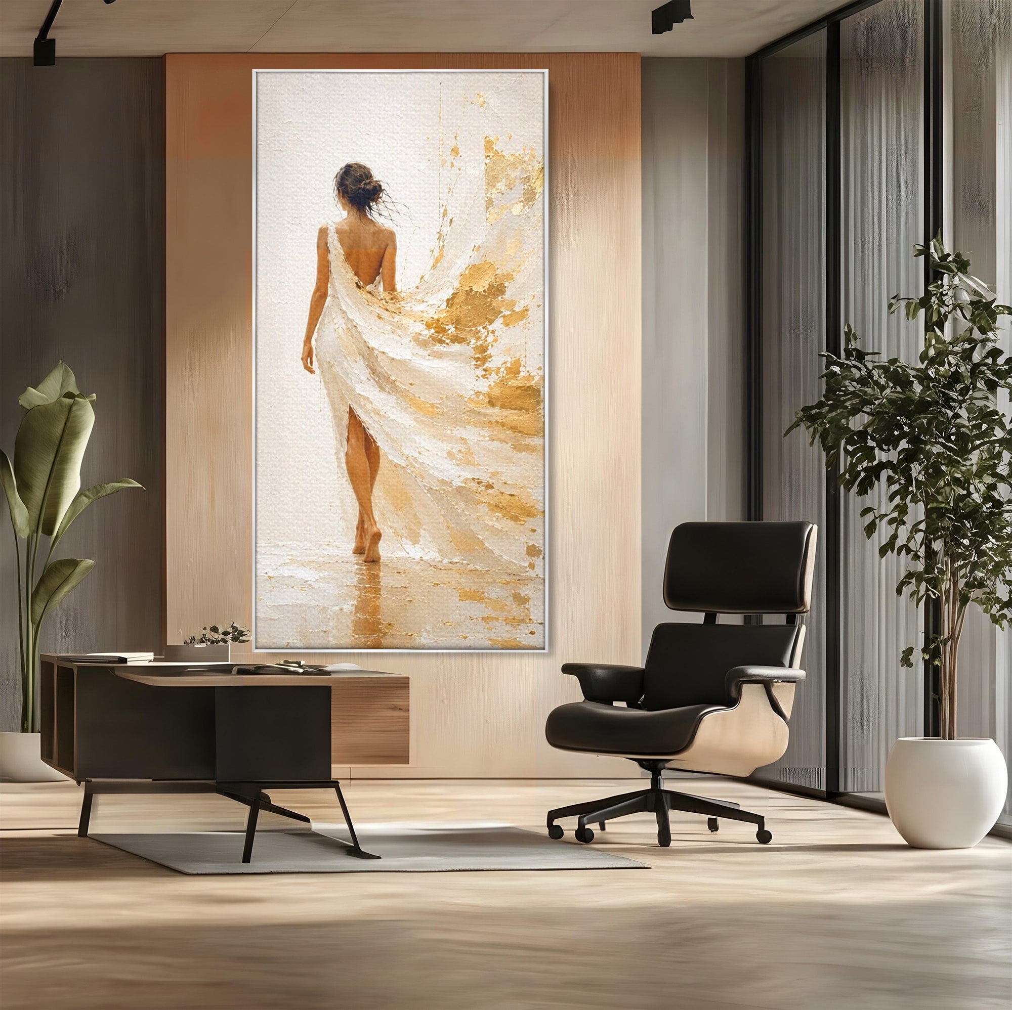 Tablou Canvas Premium LuxCanva® PI1346, Femeie In Rochie Aurie, Silueta, Eleganta, Arta, Auriu, Culori Vibrante, Living, Dormitor