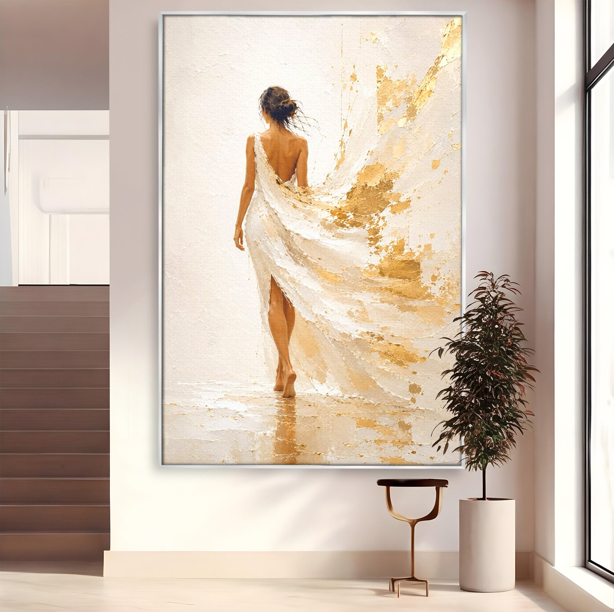Tablou Canvas Premium LuxCanva® PI1346, Femeie In Rochie Aurie, Silueta, Eleganta, Arta, Auriu, Culori Vibrante, Living, Dormitor