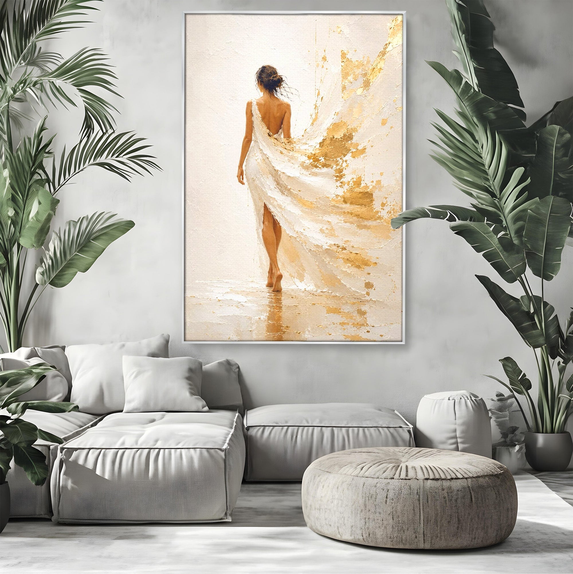 Tablou Canvas Premium LuxCanva® PI1346, Femeie In Rochie Aurie, Silueta, Eleganta, Arta, Auriu, Culori Vibrante, Living, Dormitor