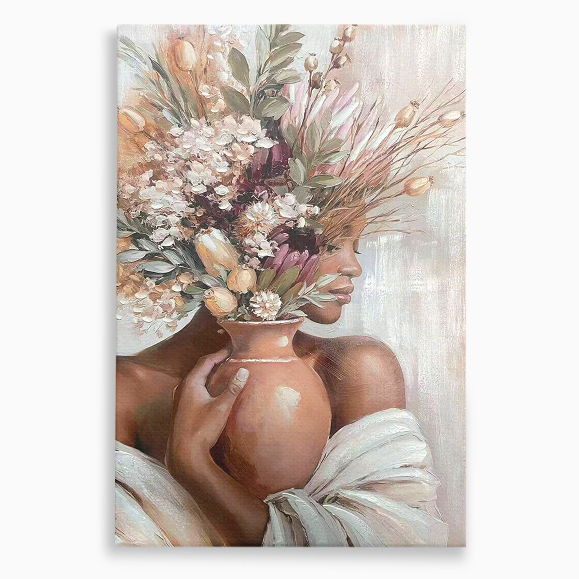 Tablou Canvas Premium LuxCanva® PI1347, Portret Cu Vas De Flori, Femeie, Flori, Vaza, Portret, Culori Vibrante, Living, Dormitor