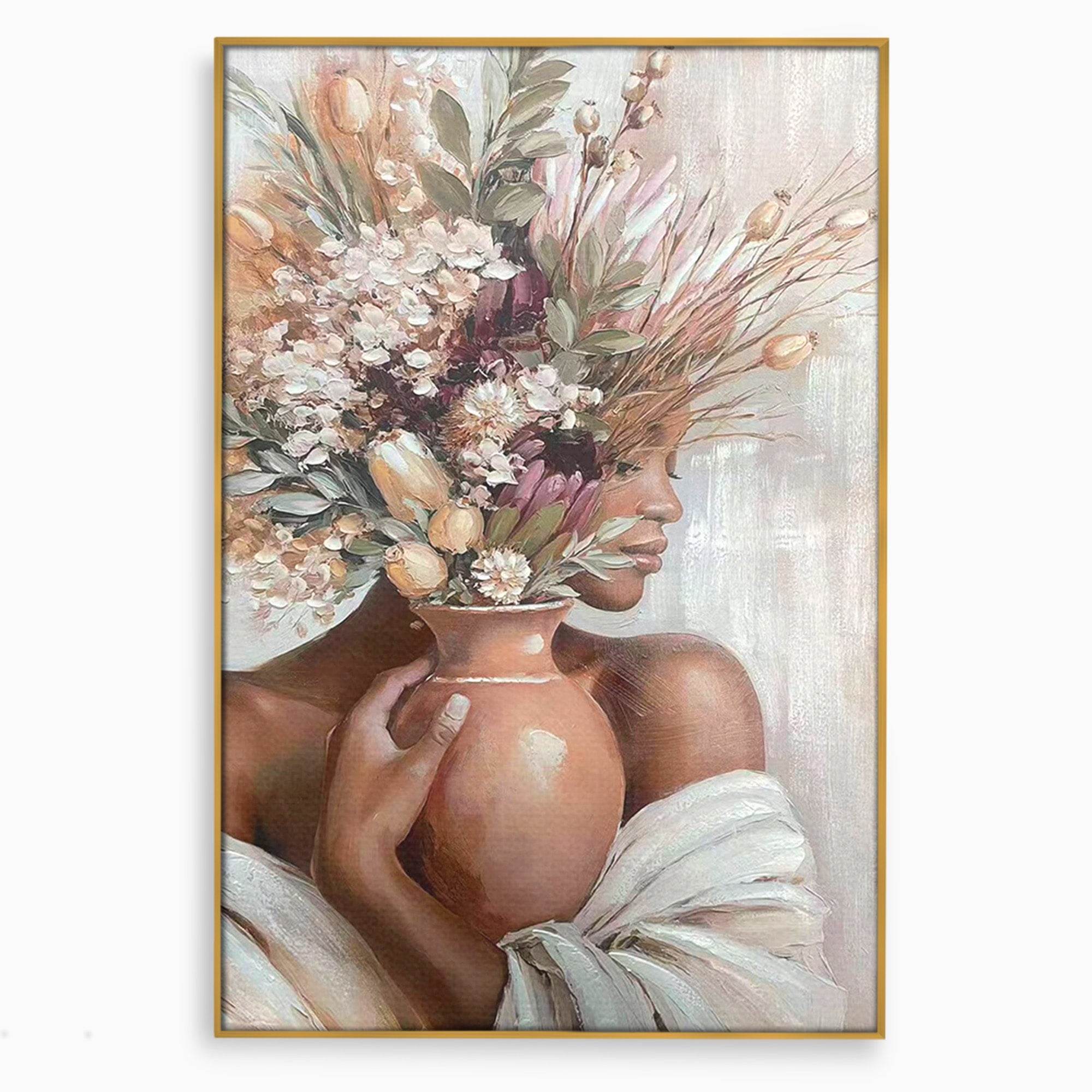 Tablou Canvas Premium LuxCanva® PI1347, Portret Cu Vas De Flori, Femeie, Flori, Vaza, Portret, Culori Vibrante, Living, Dormitor