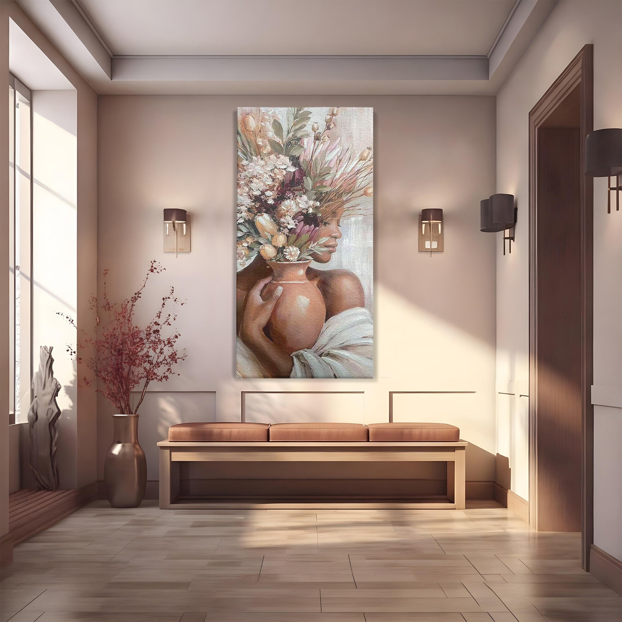 Tablou Canvas Premium LuxCanva® PI1347, Portret Cu Vas De Flori, Femeie, Flori, Vaza, Portret, Culori Vibrante, Living, Dormitor