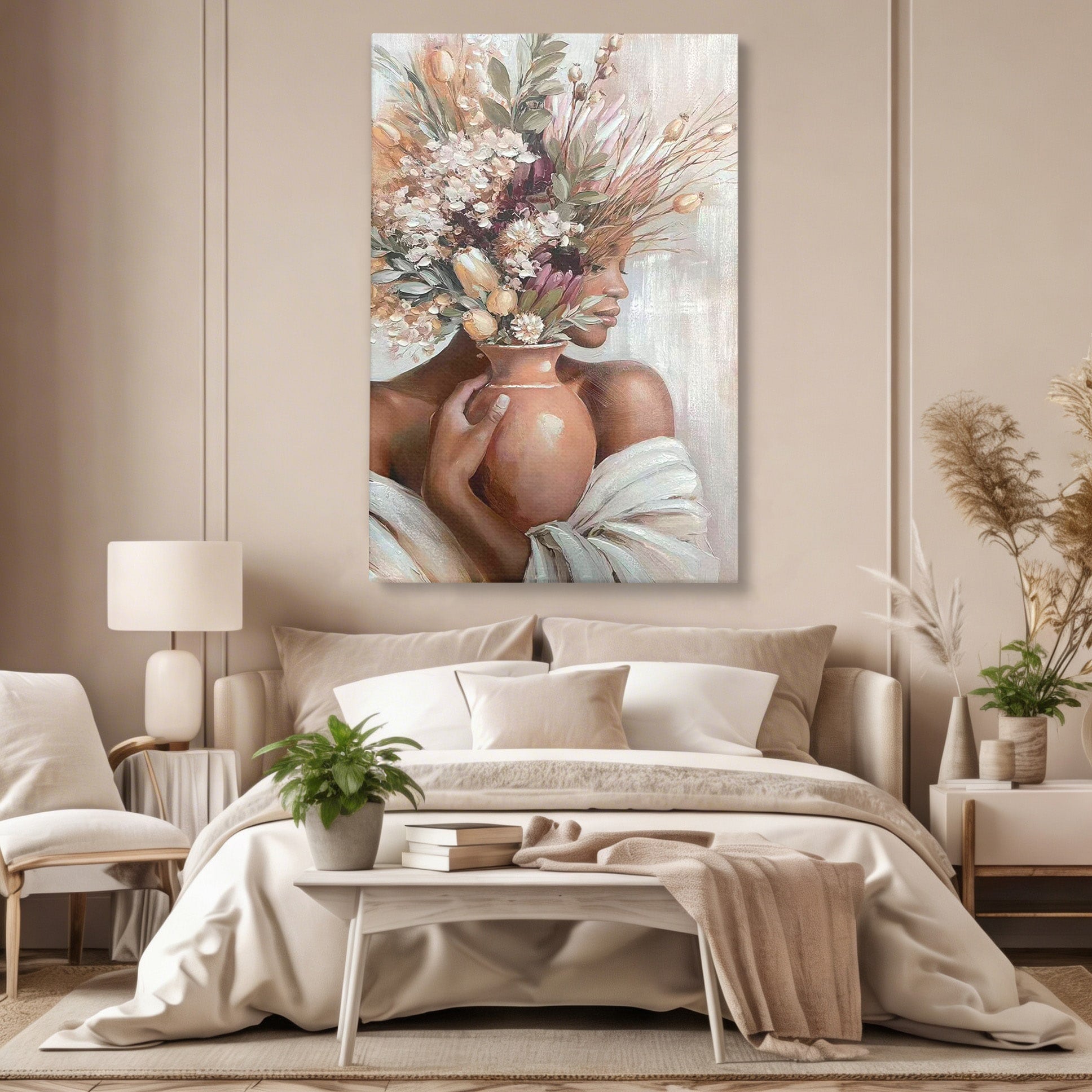 Tablou Canvas Premium LuxCanva® PI1347, Portret Cu Vas De Flori, Femeie, Flori, Vaza, Portret, Culori Vibrante, Living, Dormitor