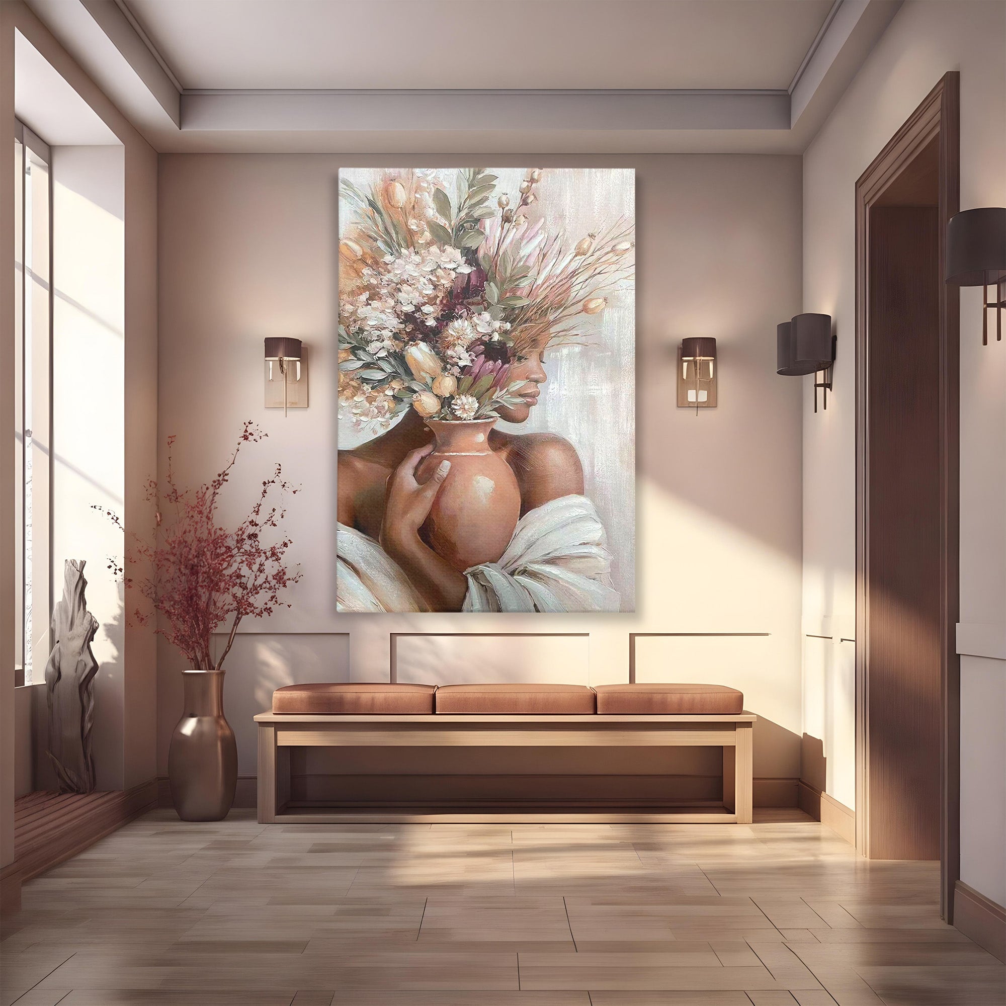 Tablou Canvas Premium LuxCanva® PI1347, Portret Cu Vas De Flori, Femeie, Flori, Vaza, Portret, Culori Vibrante, Living, Dormitor