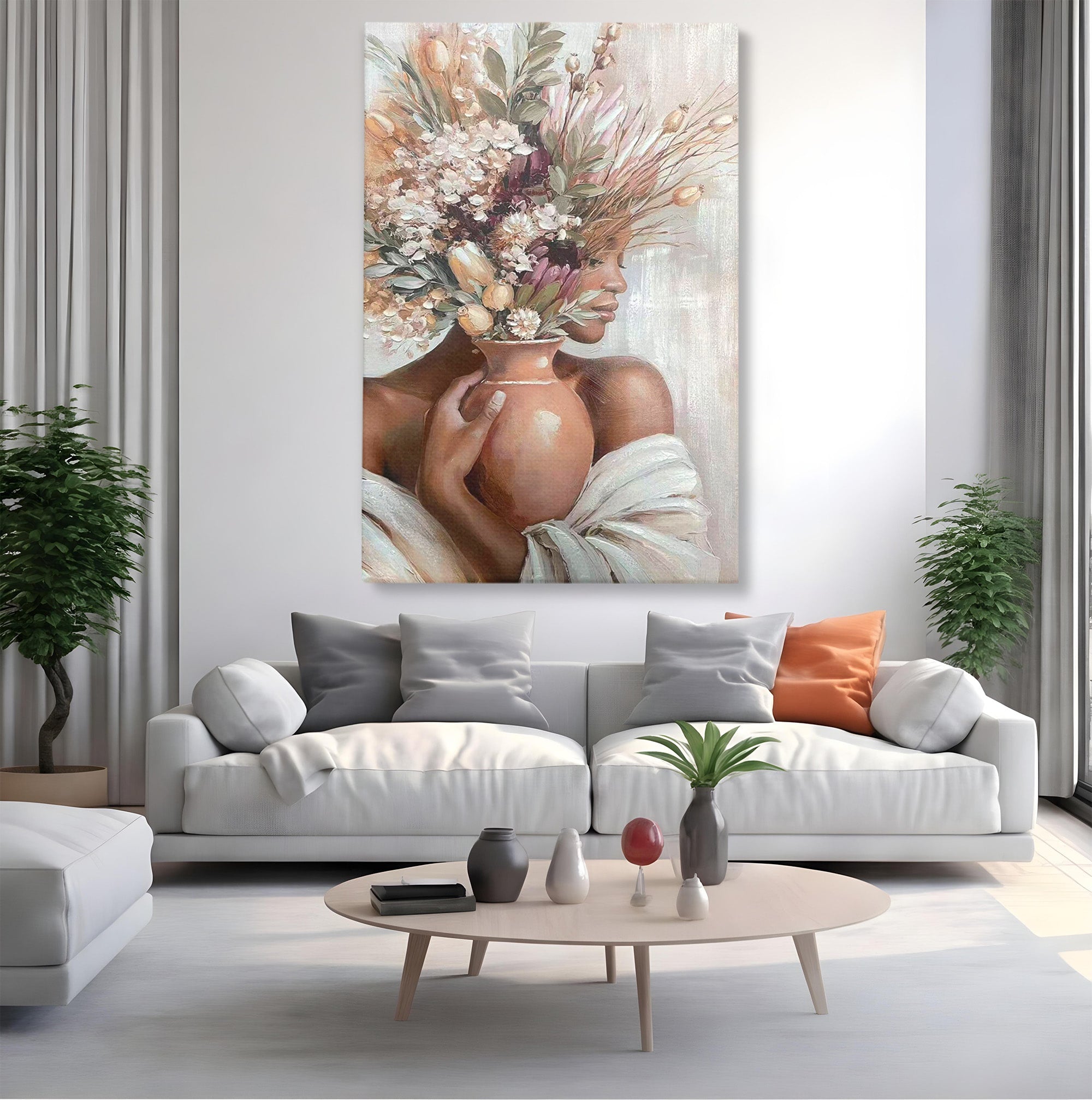 Tablou Canvas Premium LuxCanva® PI1347, Portret Cu Vas De Flori, Femeie, Flori, Vaza, Portret, Culori Vibrante, Living, Dormitor