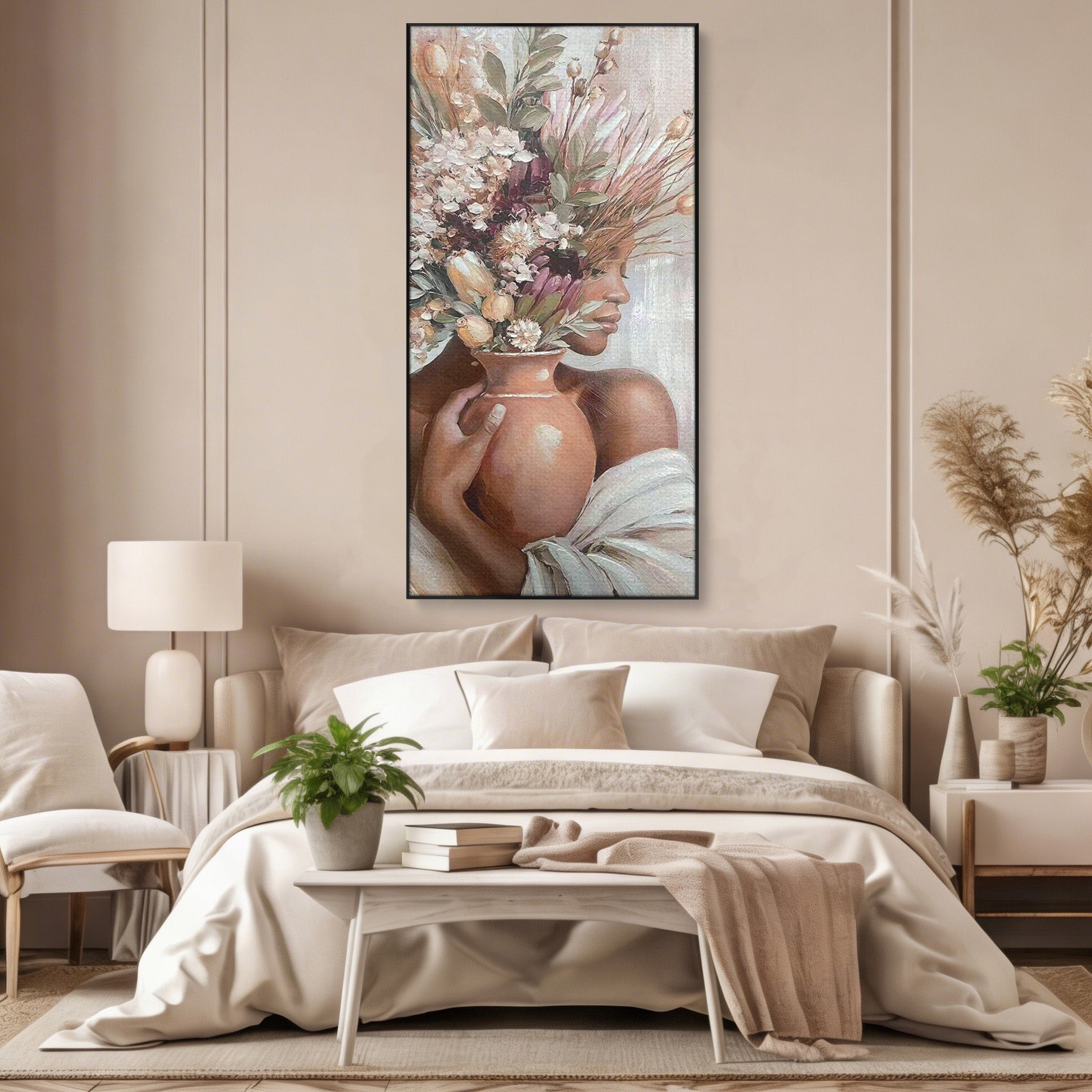 Tablou Canvas Premium LuxCanva® PI1347, Portret Cu Vas De Flori, Femeie, Flori, Vaza, Portret, Culori Vibrante, Living, Dormitor