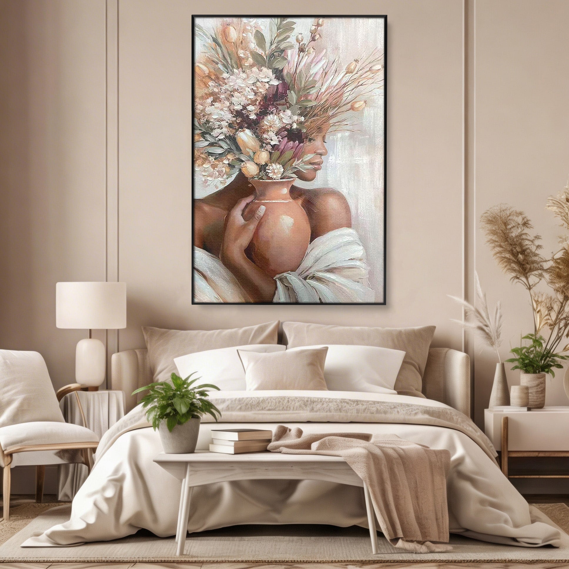 Tablou Canvas Premium LuxCanva® PI1347, Portret Cu Vas De Flori, Femeie, Flori, Vaza, Portret, Culori Vibrante, Living, Dormitor