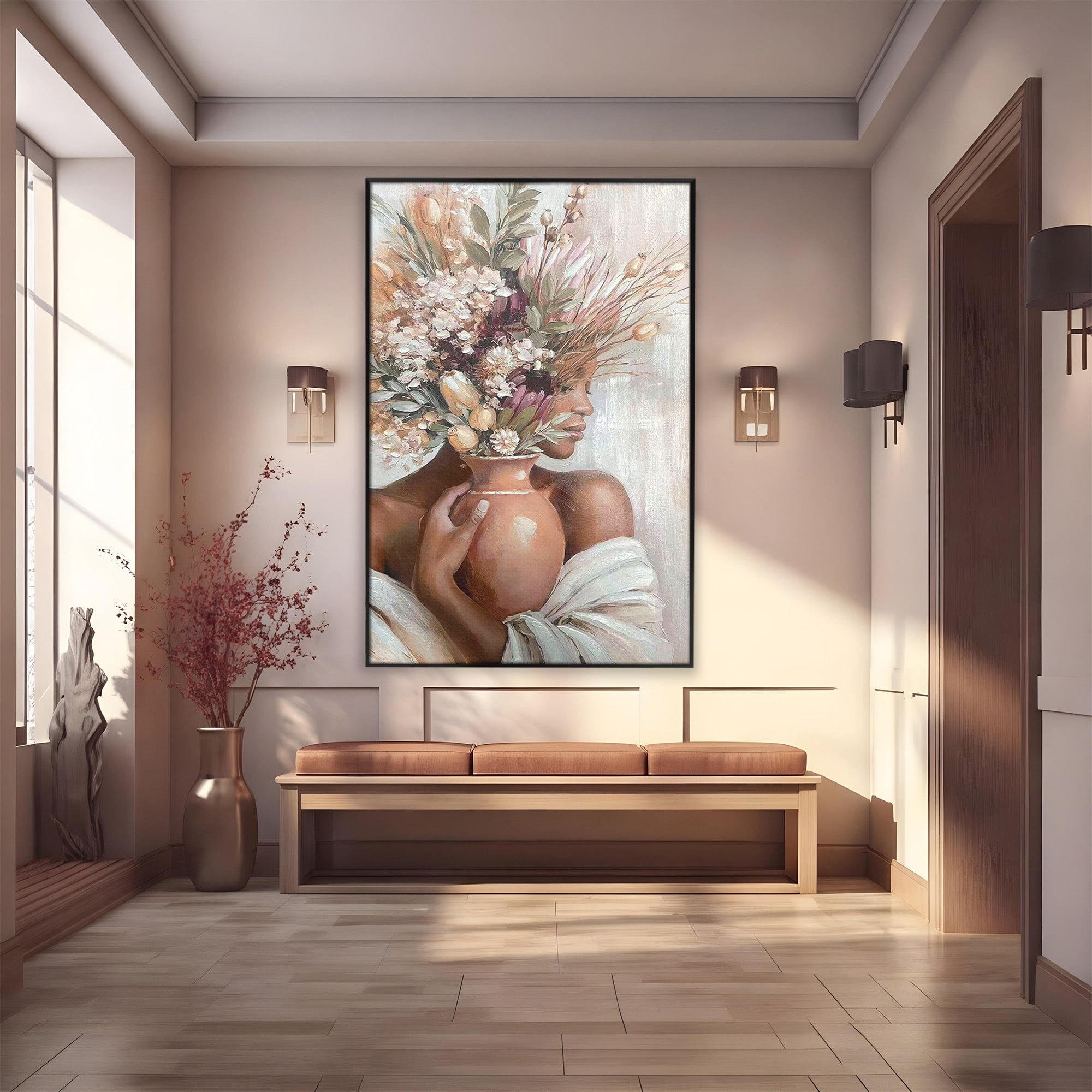 Tablou Canvas Premium LuxCanva® PI1347, Portret Cu Vas De Flori, Femeie, Flori, Vaza, Portret, Culori Vibrante, Living, Dormitor