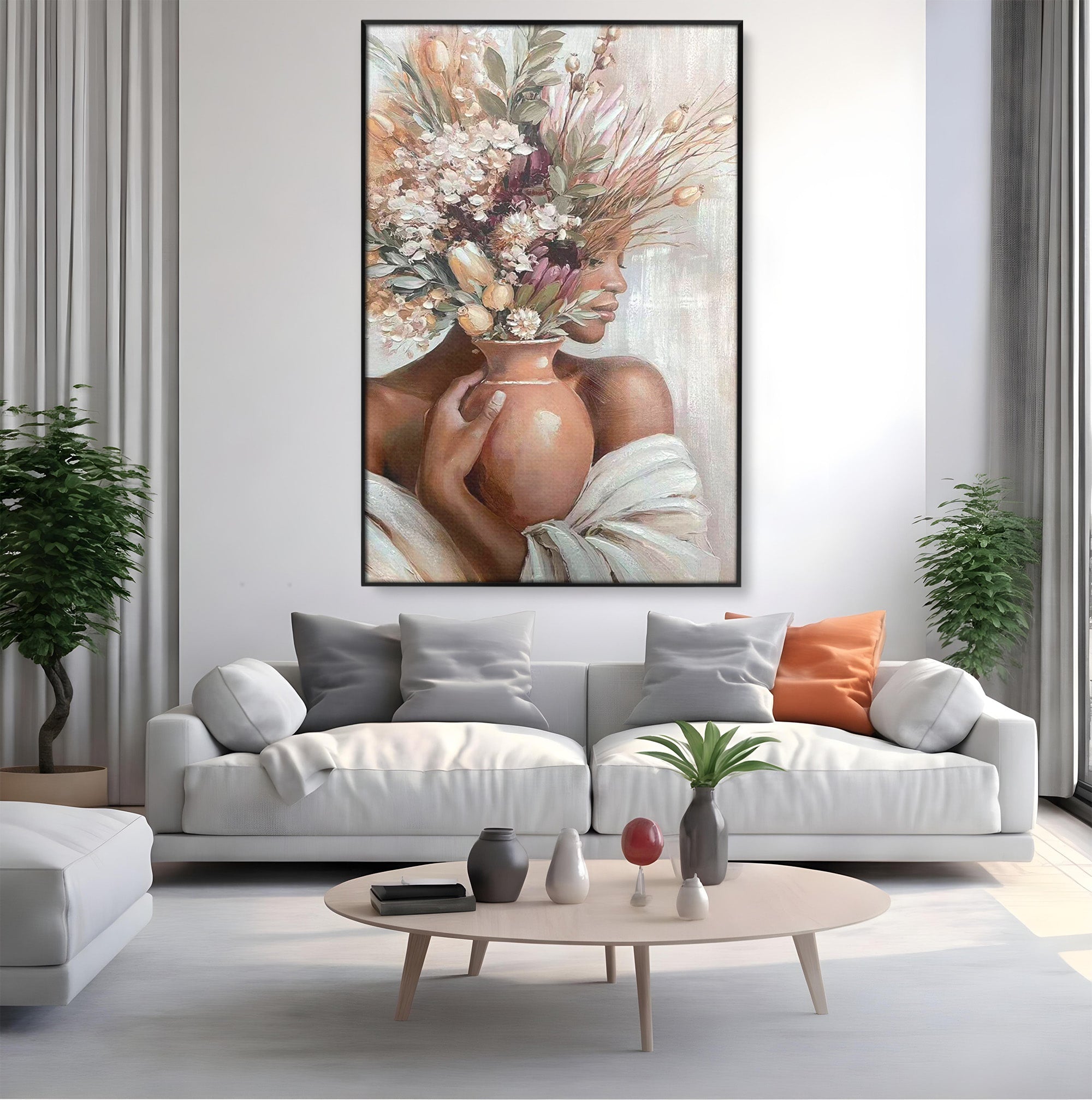 Tablou Canvas Premium LuxCanva® PI1347, Portret Cu Vas De Flori, Femeie, Flori, Vaza, Portret, Culori Vibrante, Living, Dormitor