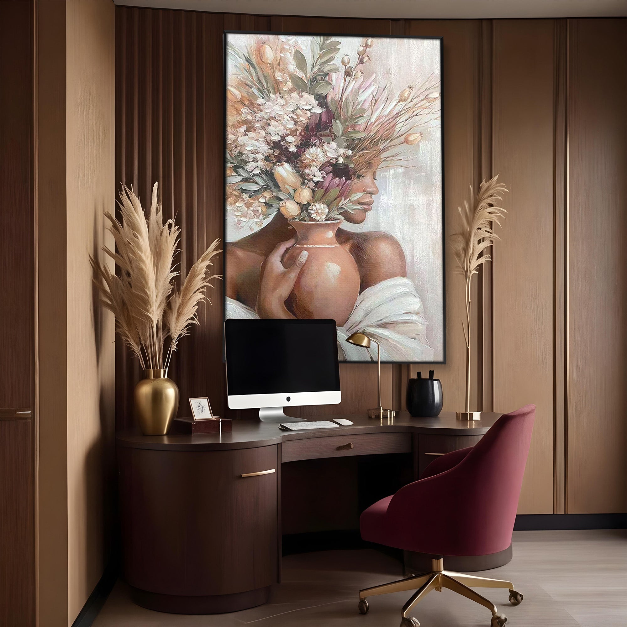 Tablou Canvas Premium LuxCanva® PI1347, Portret Cu Vas De Flori, Femeie, Flori, Vaza, Portret, Culori Vibrante, Living, Dormitor