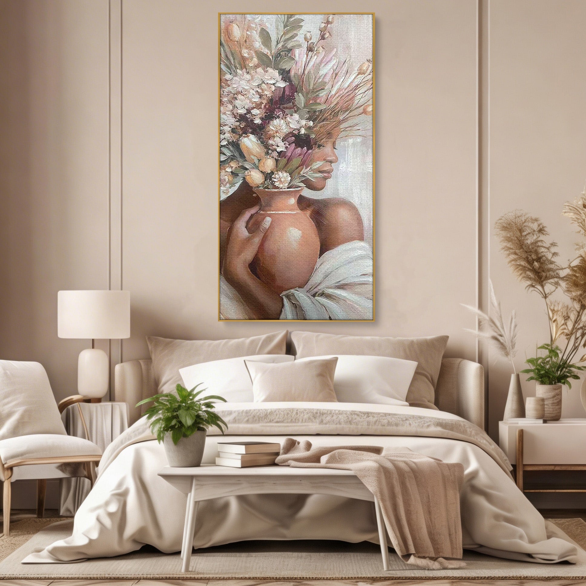 Tablou Canvas Premium LuxCanva® PI1347, Portret Cu Vas De Flori, Femeie, Flori, Vaza, Portret, Culori Vibrante, Living, Dormitor