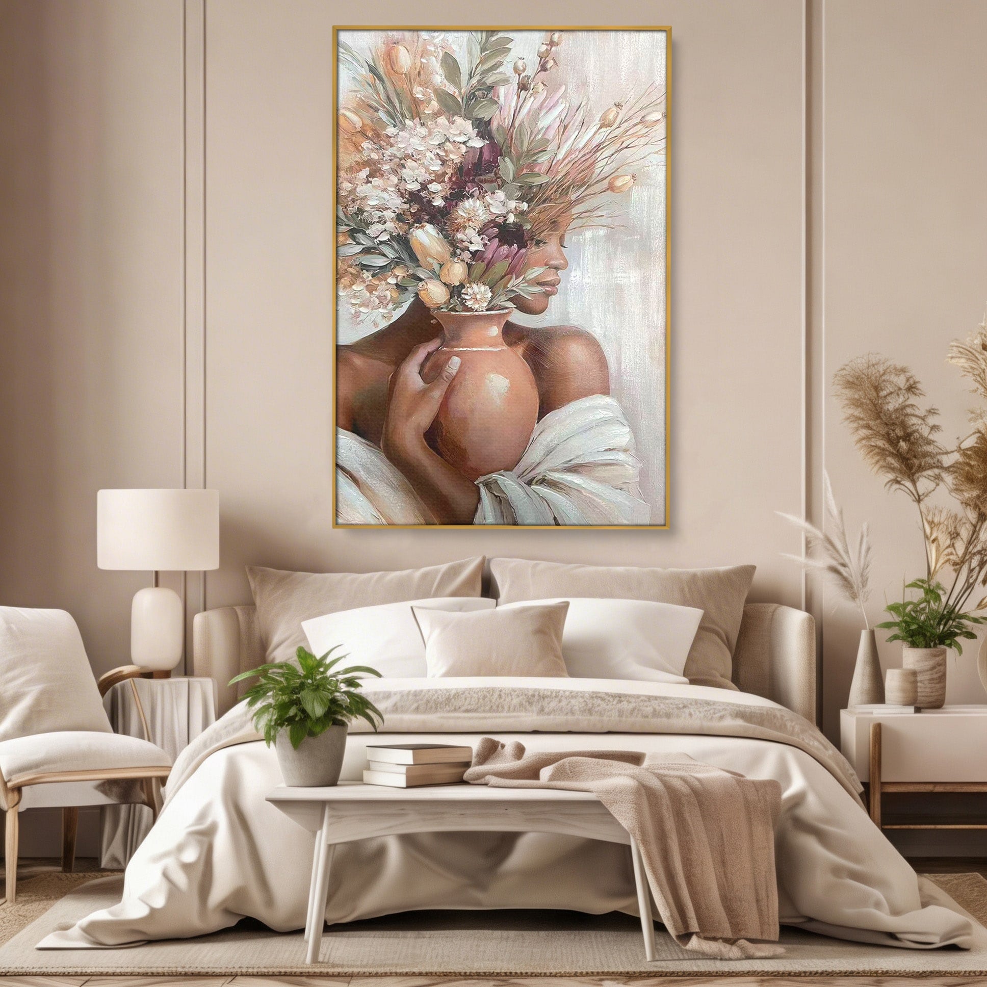 Tablou Canvas Premium LuxCanva® PI1347, Portret Cu Vas De Flori, Femeie, Flori, Vaza, Portret, Culori Vibrante, Living, Dormitor