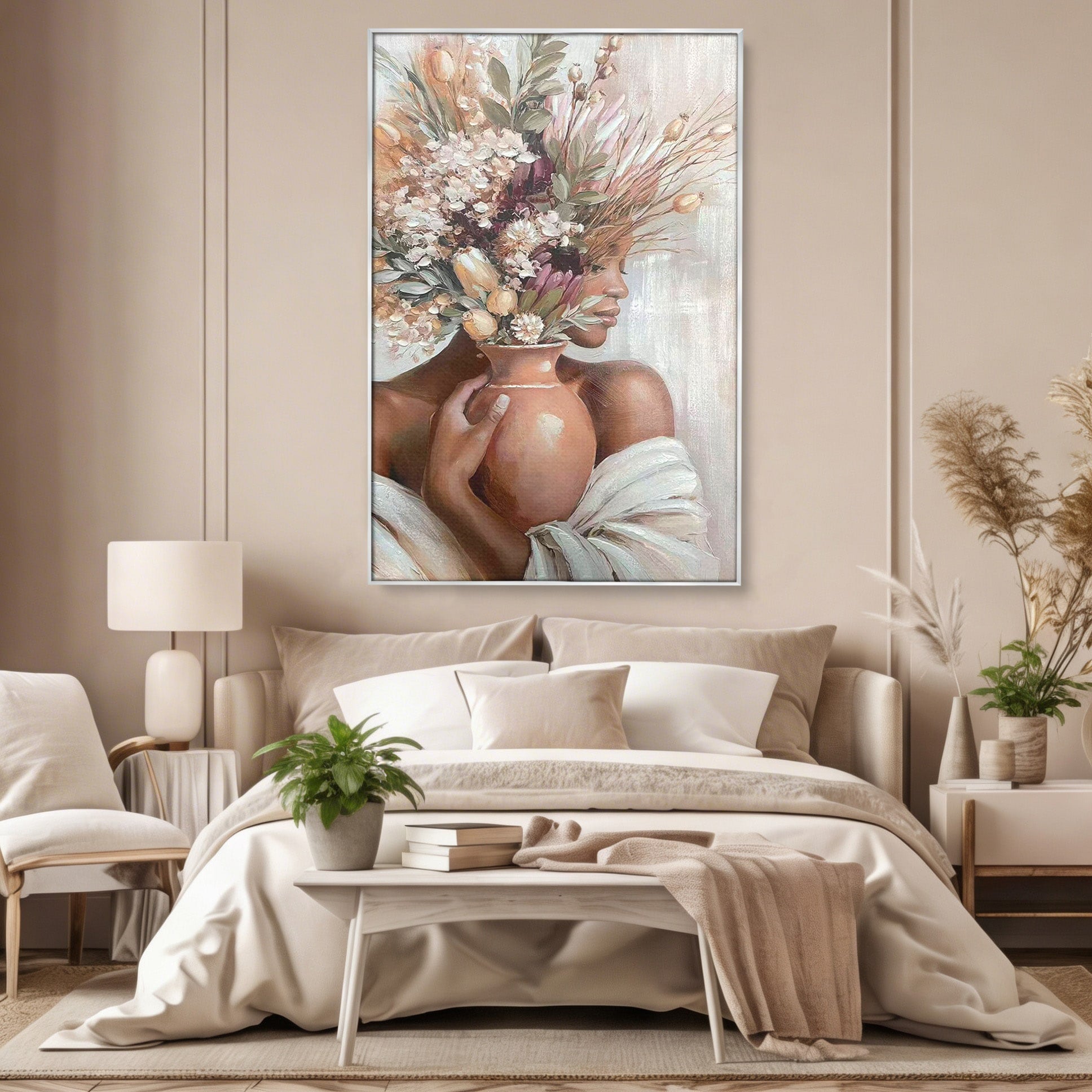 Tablou Canvas Premium LuxCanva® PI1347, Portret Cu Vas De Flori, Femeie, Flori, Vaza, Portret, Culori Vibrante, Living, Dormitor