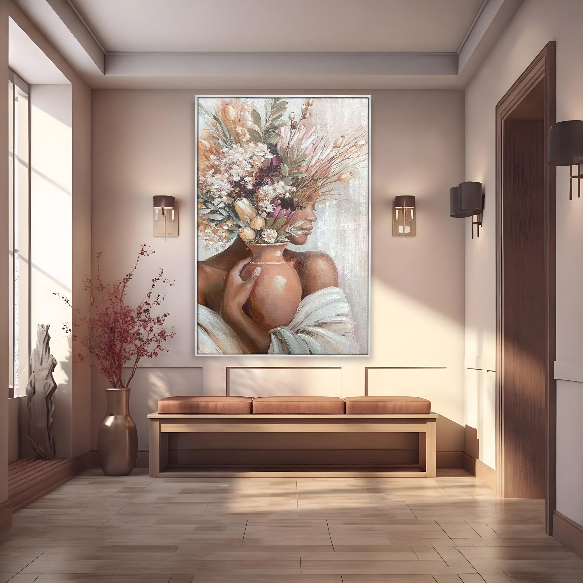 Tablou Canvas Premium LuxCanva® PI1347, Portret Cu Vas De Flori, Femeie, Flori, Vaza, Portret, Culori Vibrante, Living, Dormitor