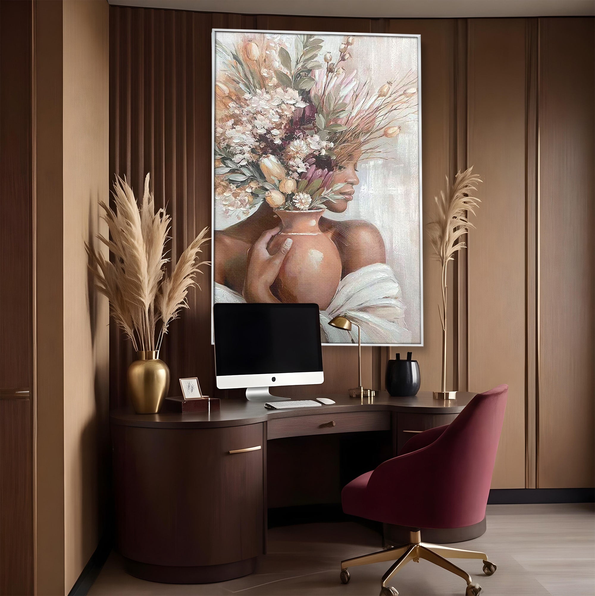 Tablou Canvas Premium LuxCanva® PI1347, Portret Cu Vas De Flori, Femeie, Flori, Vaza, Portret, Culori Vibrante, Living, Dormitor