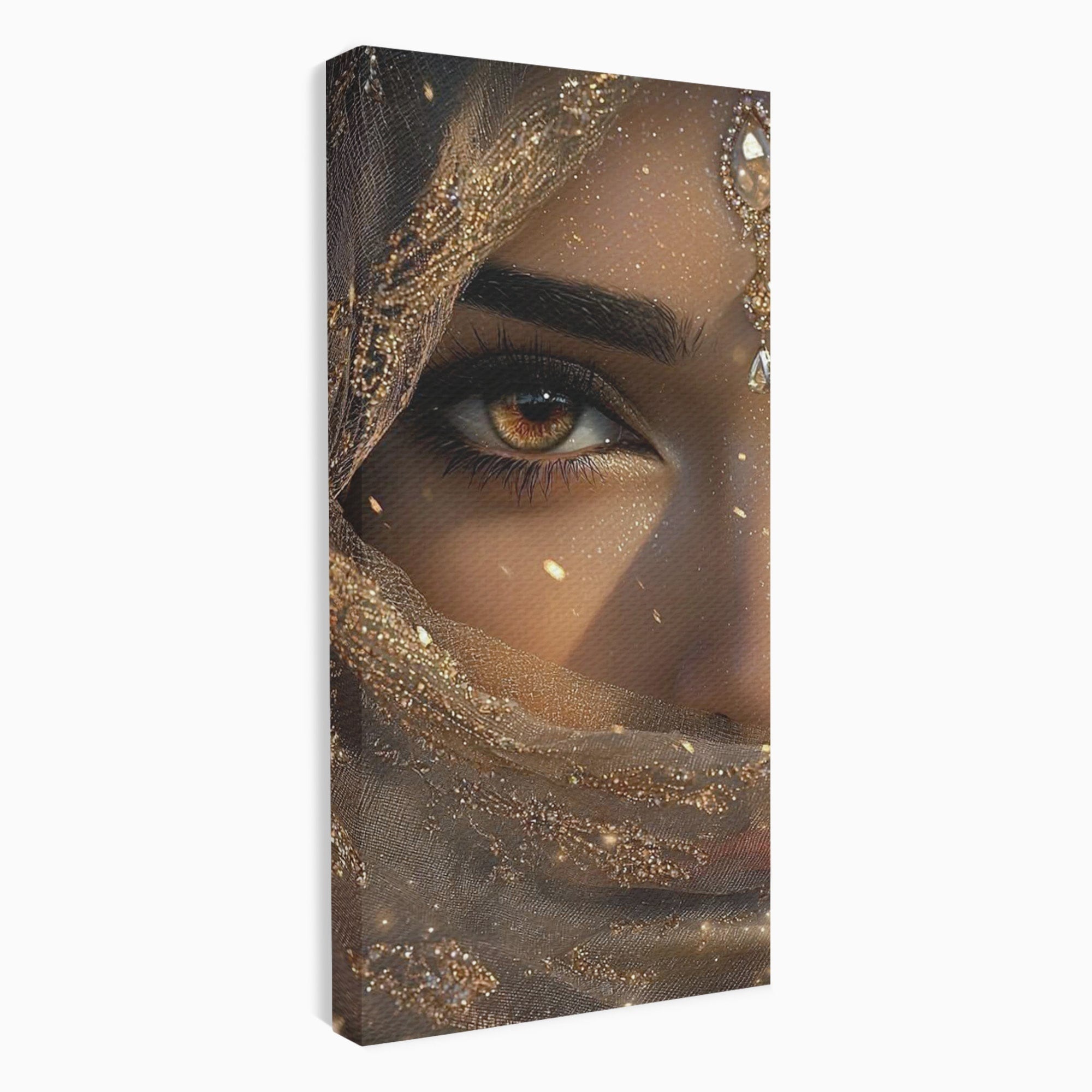 Tablou Canvas Premium LuxCanva® PI1349, Ochiul Invaluit In Aur, Femeie, Portret, Mister, Eleganta, Bijuterii, Culori Vibrante, Living, Dormitor
