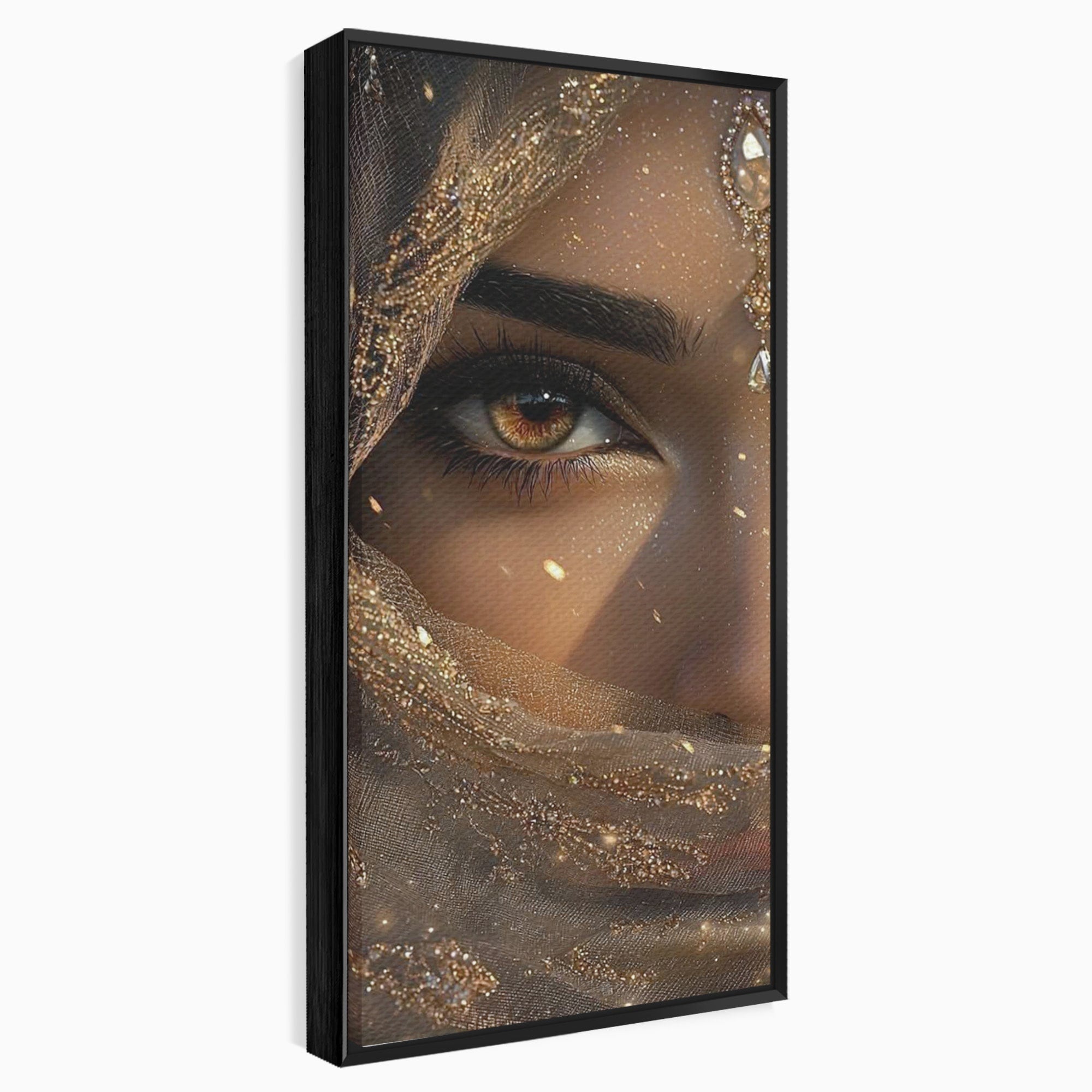 Tablou Canvas Premium LuxCanva® PI1349, Ochiul Invaluit In Aur, Femeie, Portret, Mister, Eleganta, Bijuterii, Culori Vibrante, Living, Dormitor