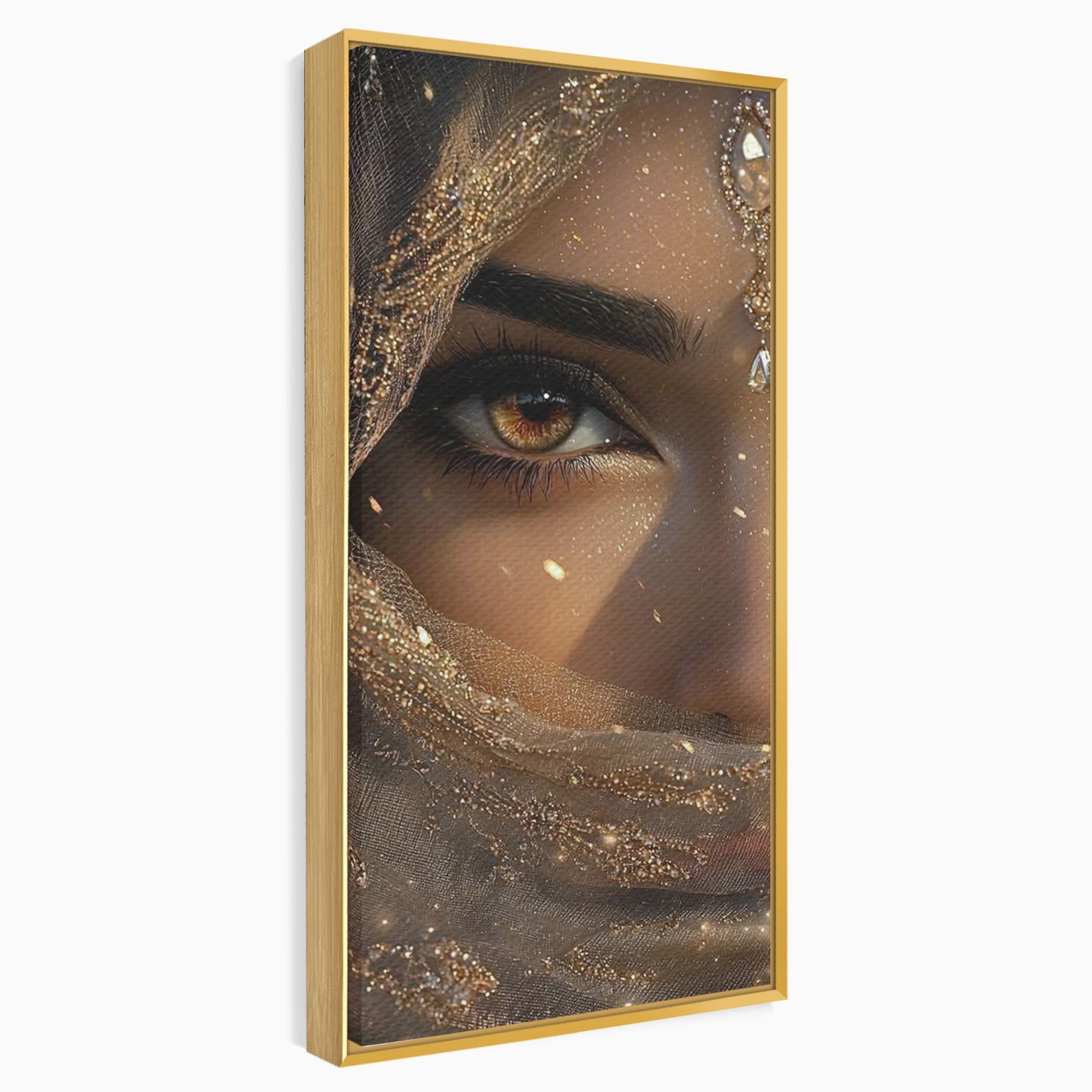 Tablou Canvas Premium LuxCanva® PI1349, Ochiul Invaluit In Aur, Femeie, Portret, Mister, Eleganta, Bijuterii, Culori Vibrante, Living, Dormitor