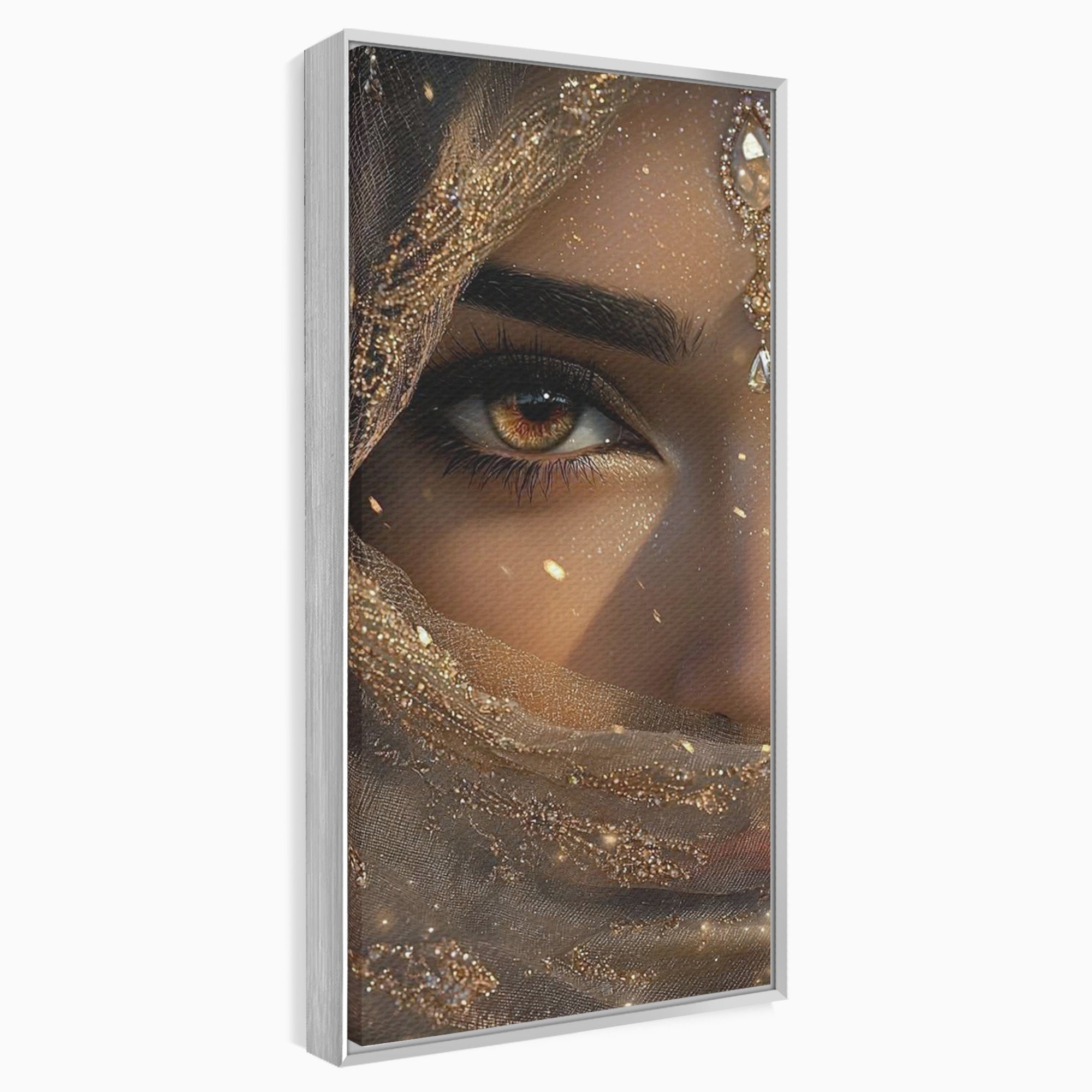 Tablou Canvas Premium LuxCanva® PI1349, Ochiul Invaluit In Aur, Femeie, Portret, Mister, Eleganta, Bijuterii, Culori Vibrante, Living, Dormitor