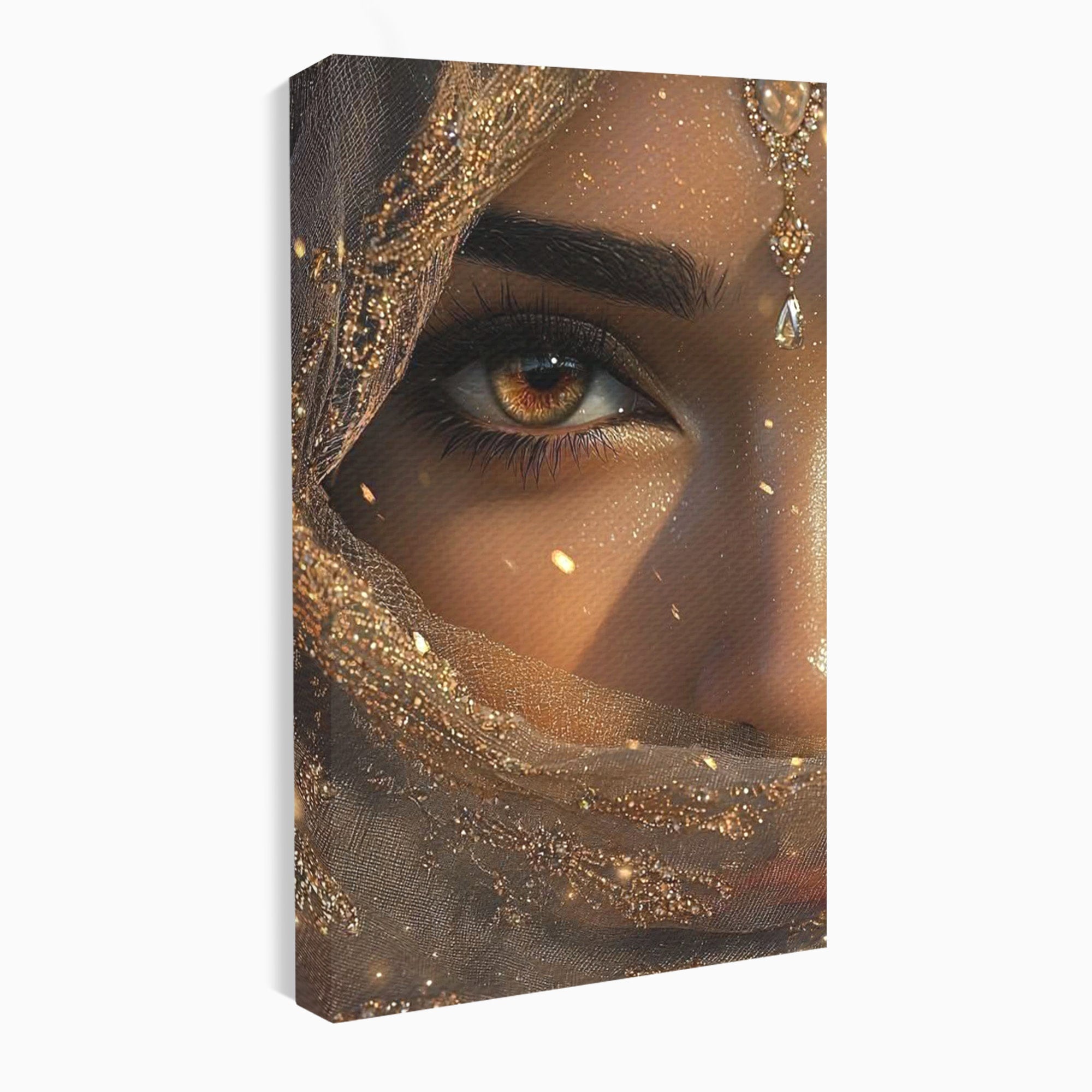 Tablou Canvas Premium LuxCanva® PI1349, Ochiul Invaluit In Aur, Femeie, Portret, Mister, Eleganta, Bijuterii, Culori Vibrante, Living, Dormitor