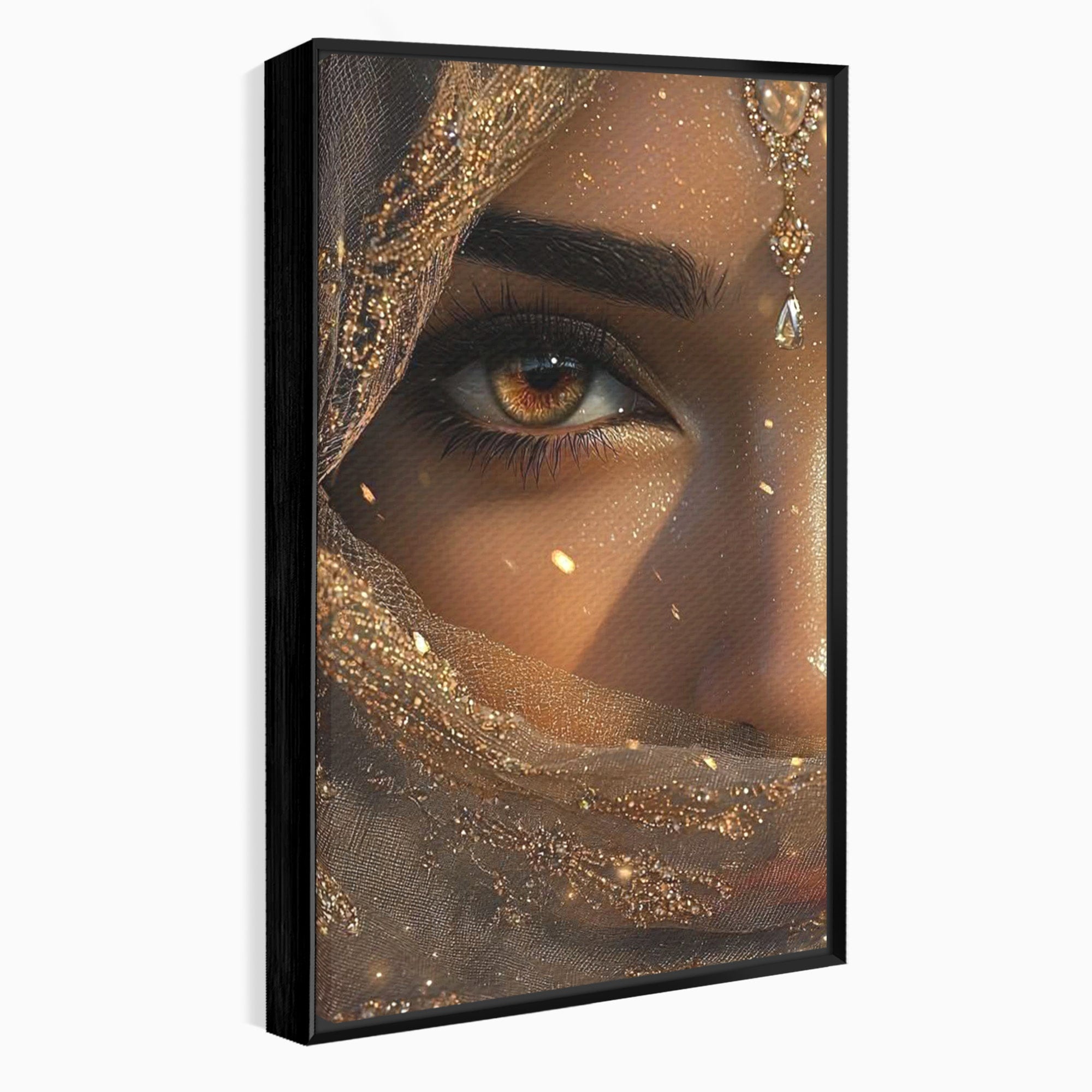 Tablou Canvas Premium LuxCanva® PI1349, Ochiul Invaluit In Aur, Femeie, Portret, Mister, Eleganta, Bijuterii, Culori Vibrante, Living, Dormitor