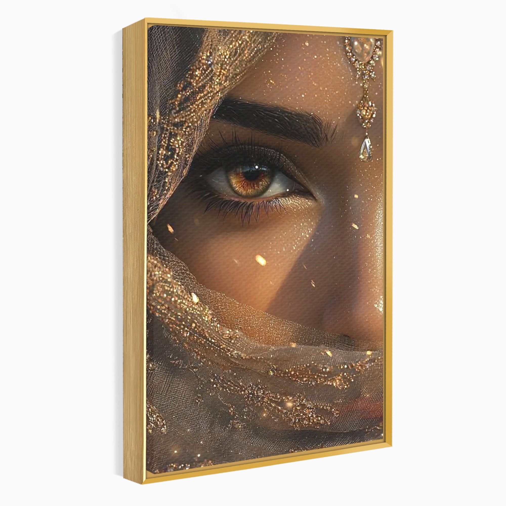 Tablou Canvas Premium LuxCanva® PI1349, Ochiul Invaluit In Aur, Femeie, Portret, Mister, Eleganta, Bijuterii, Culori Vibrante, Living, Dormitor