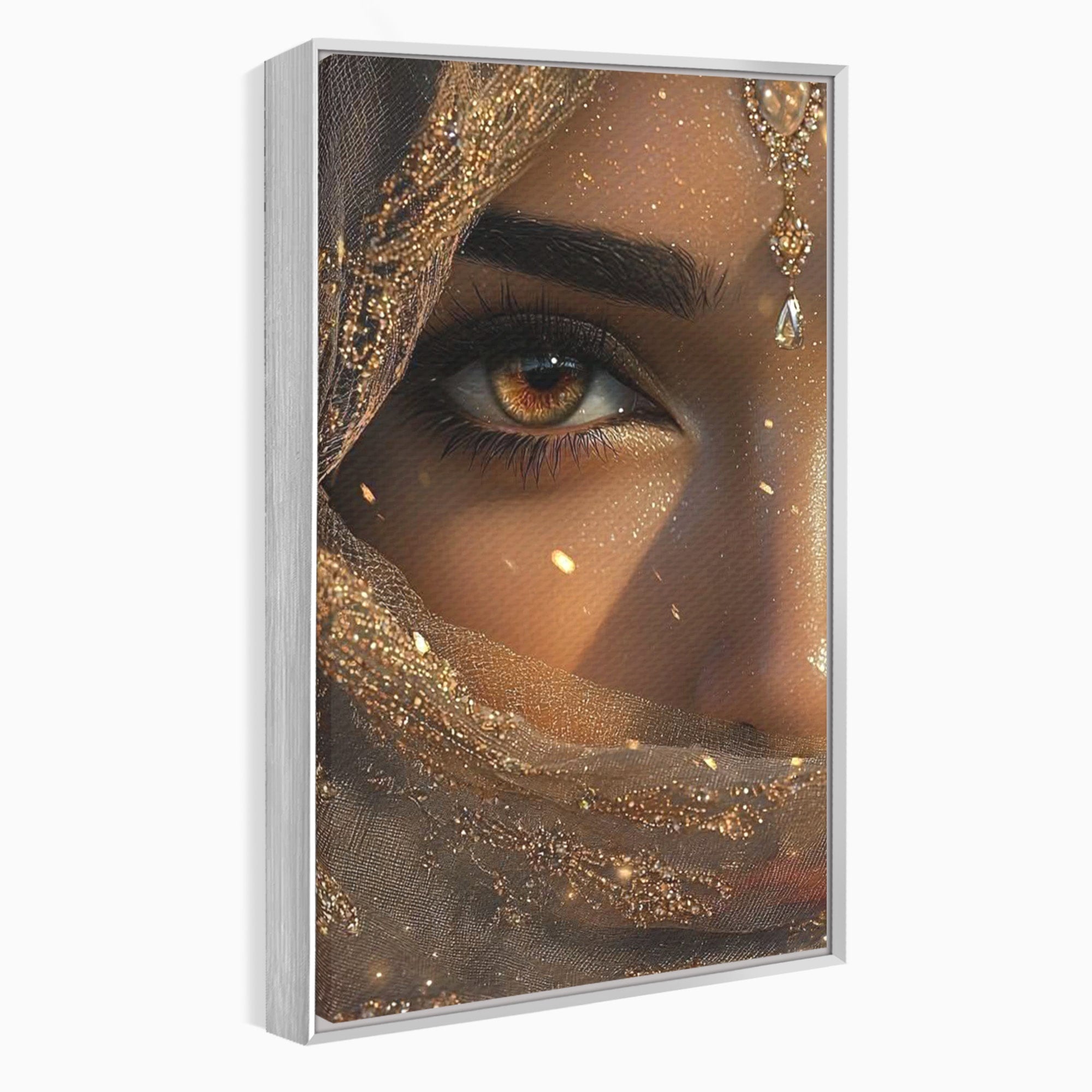 Tablou Canvas Premium LuxCanva® PI1349, Ochiul Invaluit In Aur, Femeie, Portret, Mister, Eleganta, Bijuterii, Culori Vibrante, Living, Dormitor