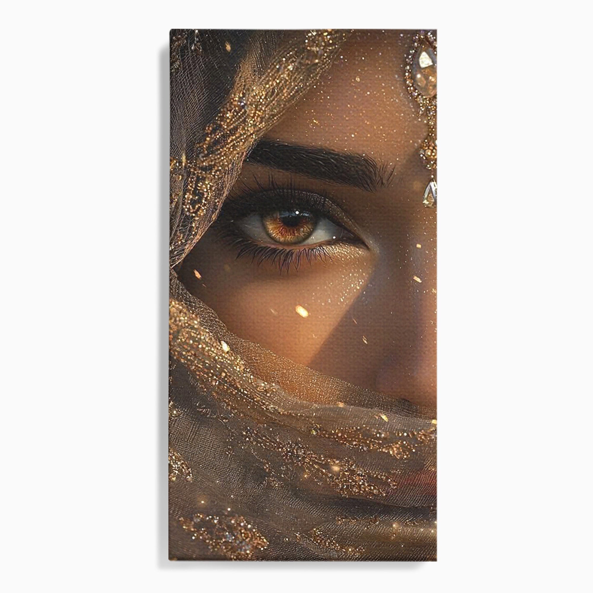 Tablou Canvas Premium LuxCanva® PI1349, Ochiul Invaluit In Aur, Femeie, Portret, Mister, Eleganta, Bijuterii, Culori Vibrante, Living, Dormitor