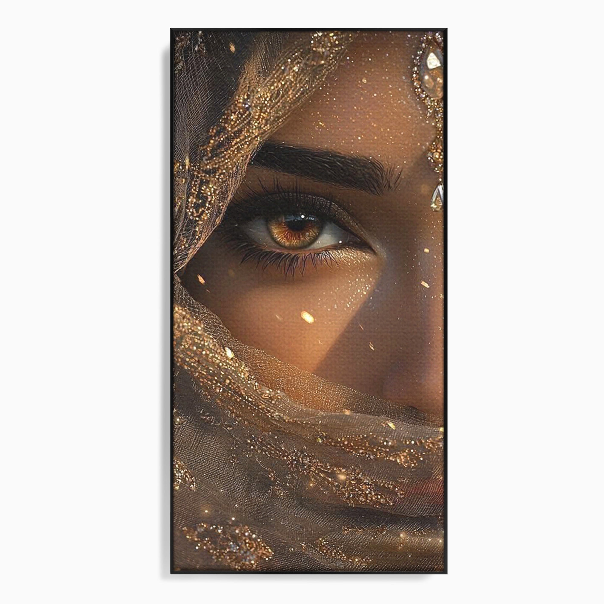 Tablou Canvas Premium LuxCanva® PI1349, Ochiul Invaluit In Aur, Femeie, Portret, Mister, Eleganta, Bijuterii, Culori Vibrante, Living, Dormitor
