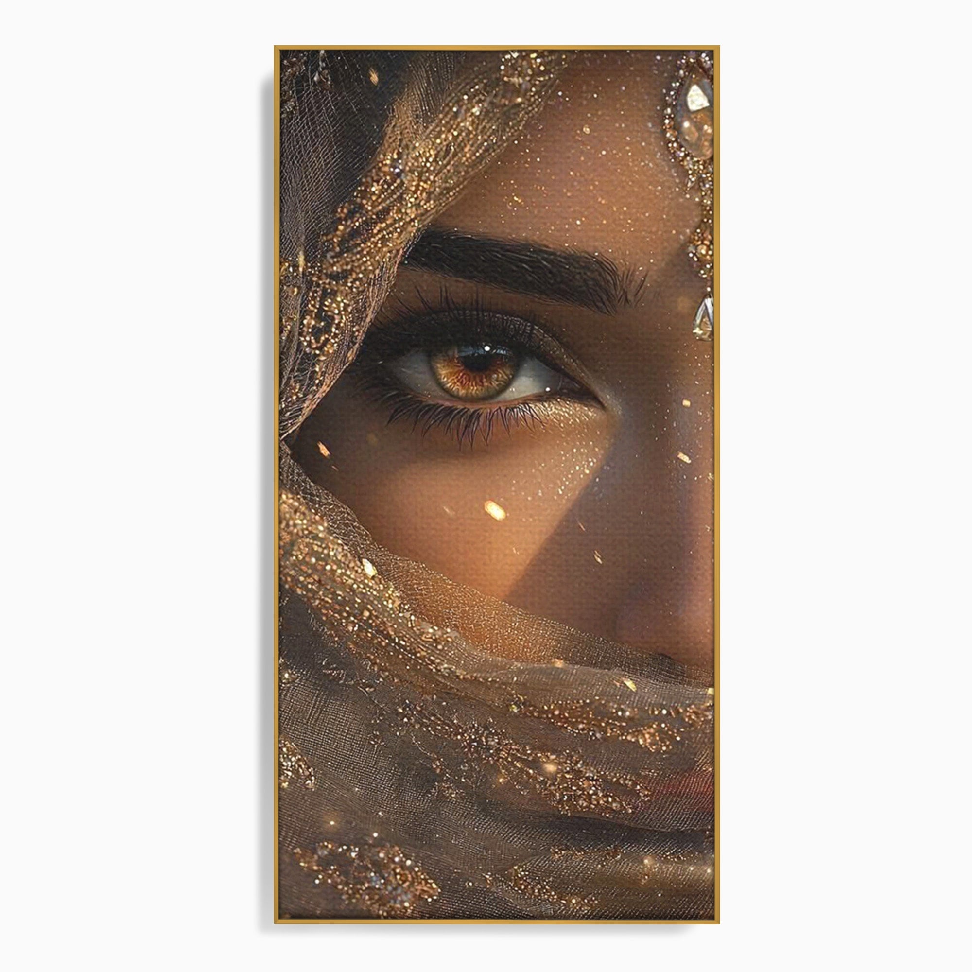 Tablou Canvas Premium LuxCanva® PI1349, Ochiul Invaluit In Aur, Femeie, Portret, Mister, Eleganta, Bijuterii, Culori Vibrante, Living, Dormitor