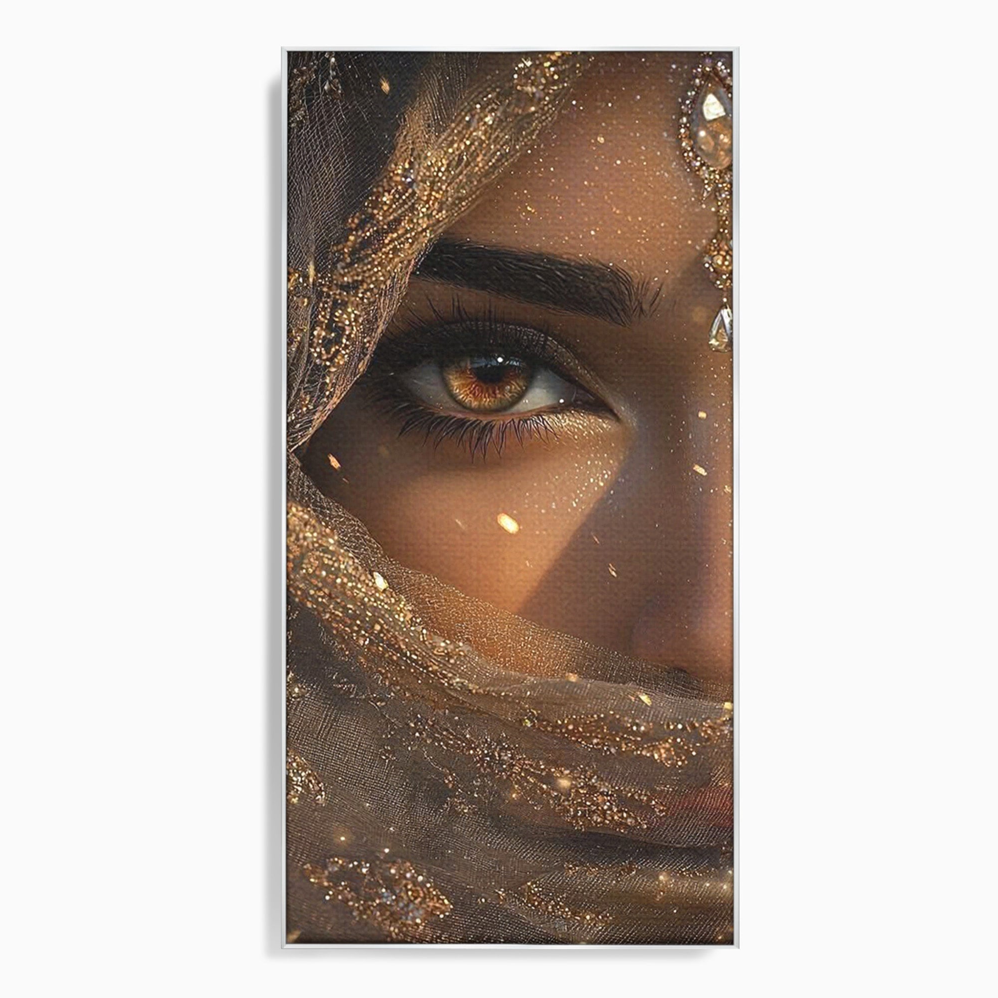 Tablou Canvas Premium LuxCanva® PI1349, Ochiul Invaluit In Aur, Femeie, Portret, Mister, Eleganta, Bijuterii, Culori Vibrante, Living, Dormitor
