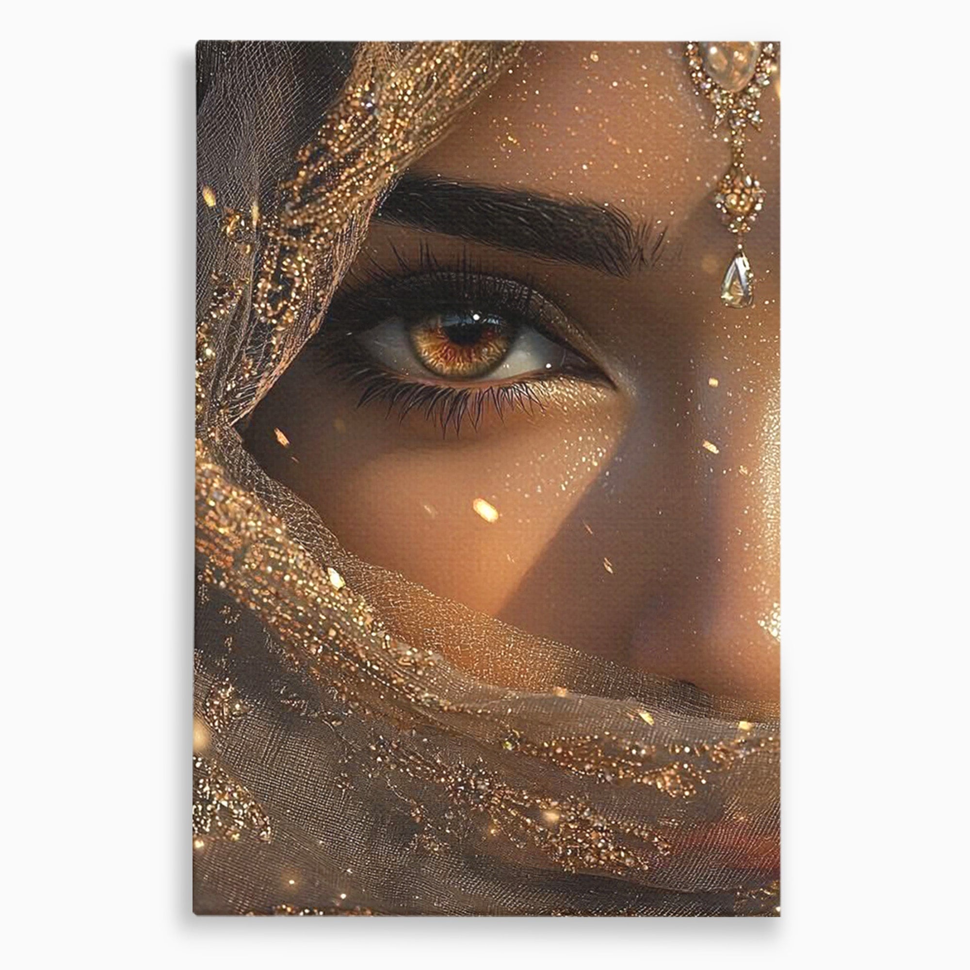 Tablou Canvas Premium LuxCanva® PI1349, Ochiul Invaluit In Aur, Femeie, Portret, Mister, Eleganta, Bijuterii, Culori Vibrante, Living, Dormitor