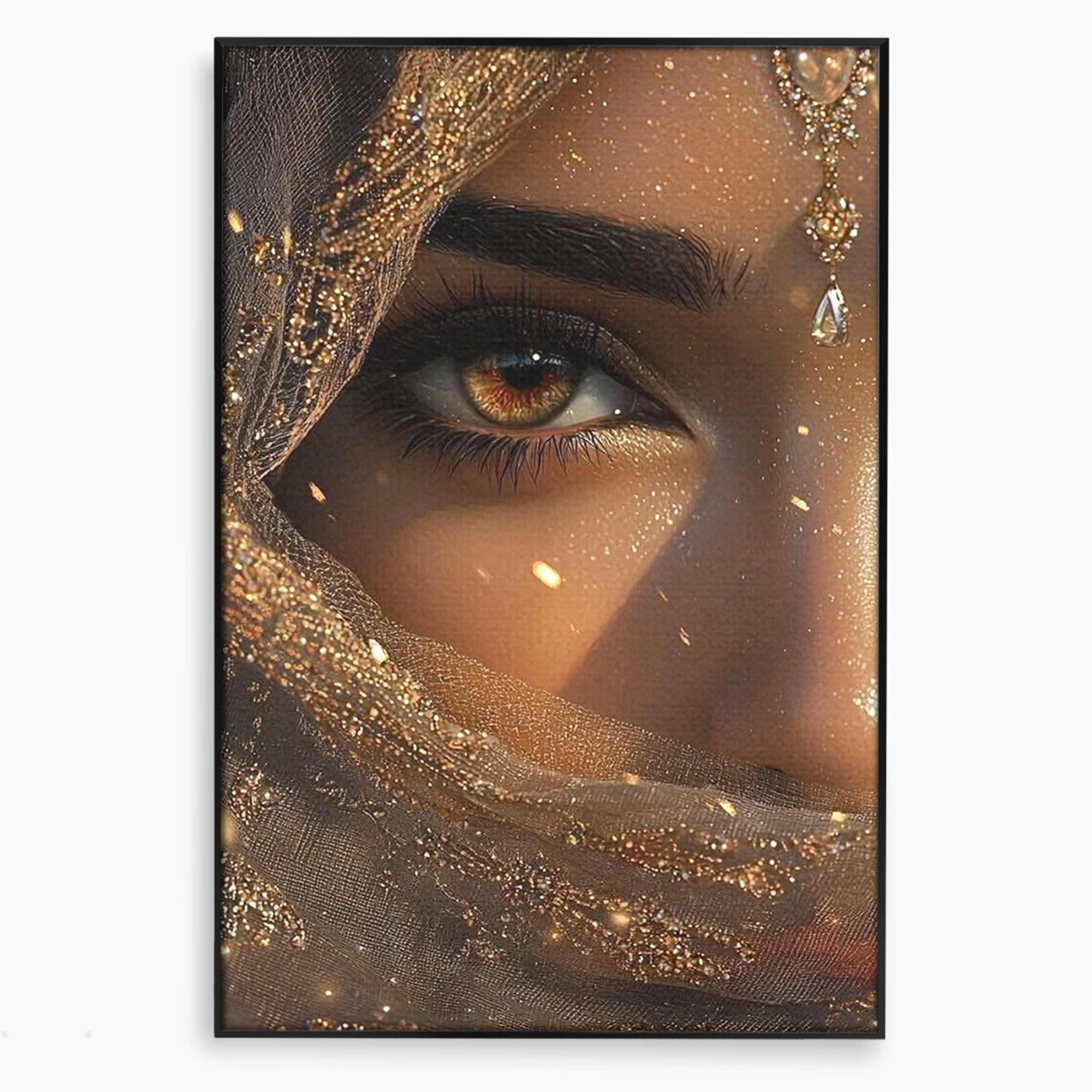 Tablou Canvas Premium LuxCanva® PI1349, Ochiul Invaluit In Aur, Femeie, Portret, Mister, Eleganta, Bijuterii, Culori Vibrante, Living, Dormitor