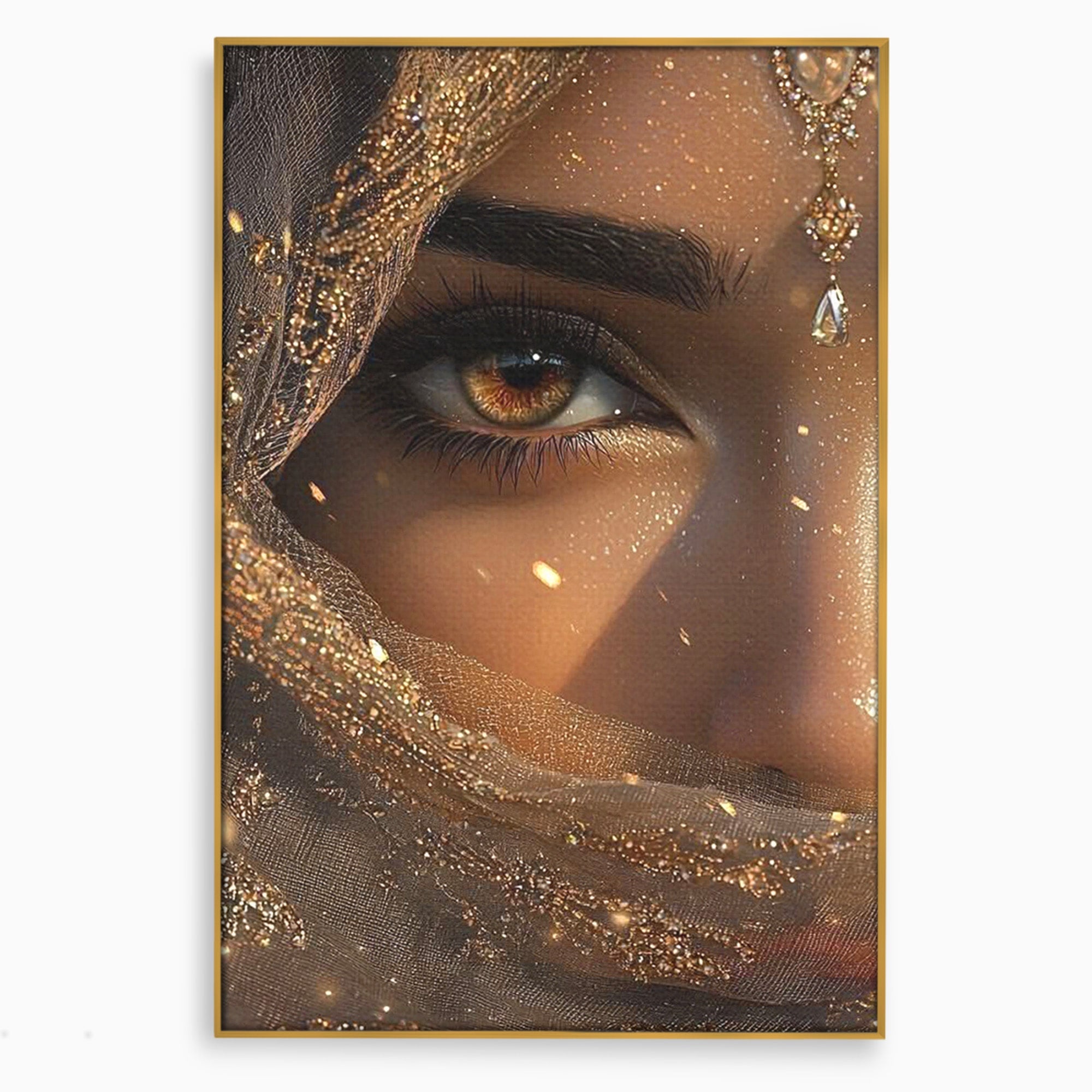 Tablou Canvas Premium LuxCanva® PI1349, Ochiul Invaluit In Aur, Femeie, Portret, Mister, Eleganta, Bijuterii, Culori Vibrante, Living, Dormitor